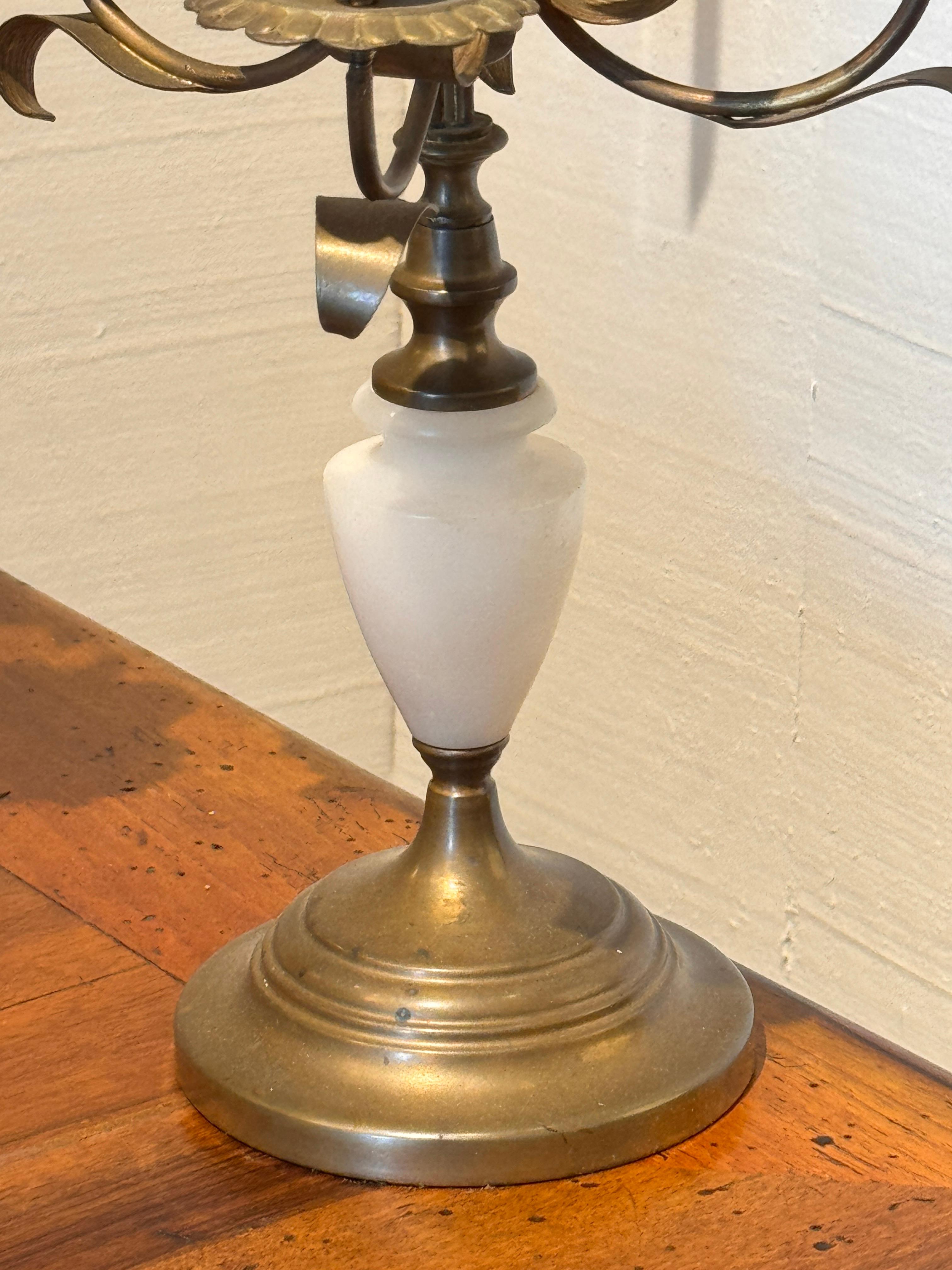 Pair of Brass and Alabaster Candelabra With Floral Arms For Sale 2