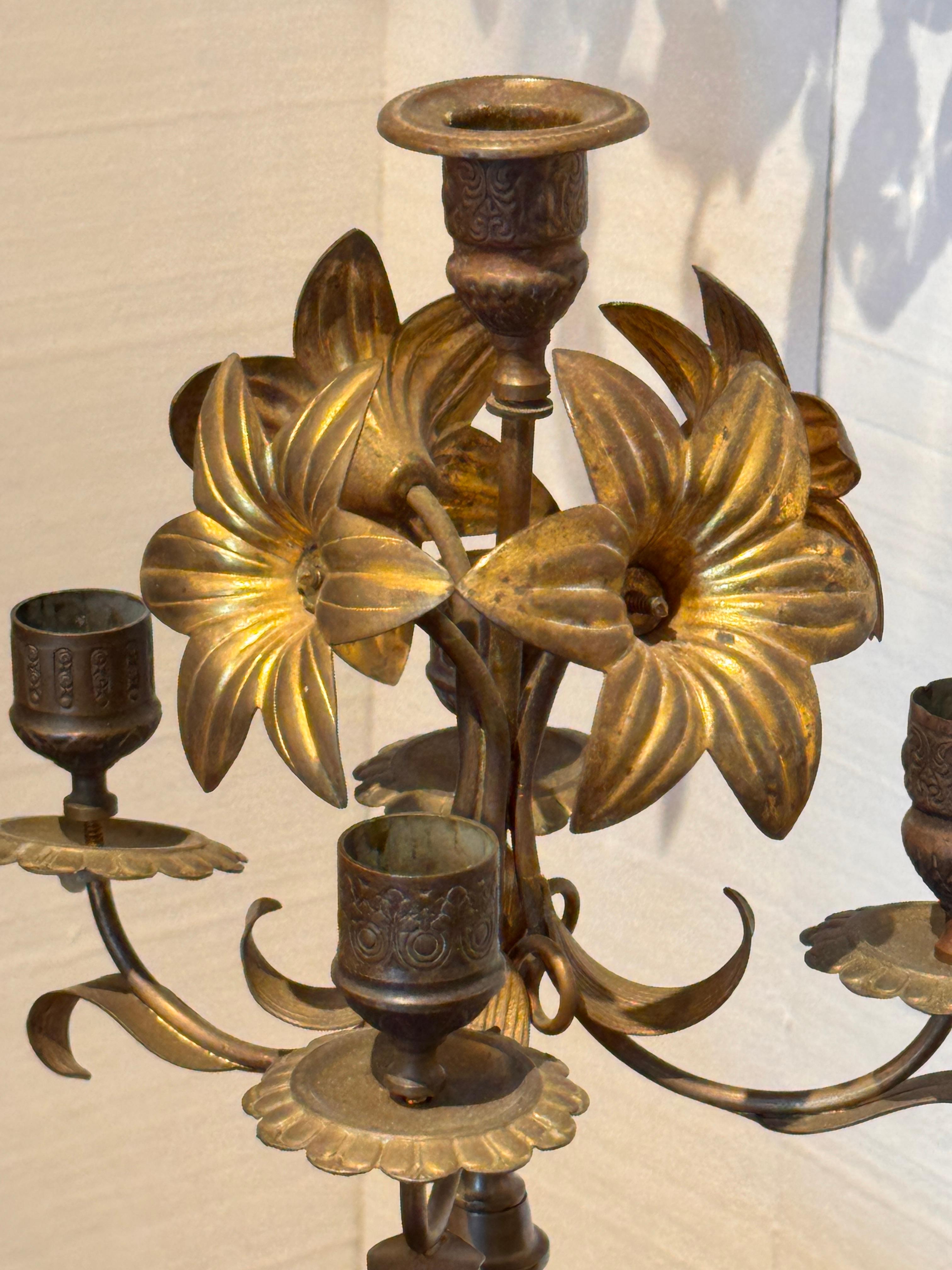 Pair of Brass and Alabaster Candelabra With Floral Arms For Sale 3