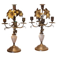 Paire de candélabres en laiton et albâtre avec bras floraux