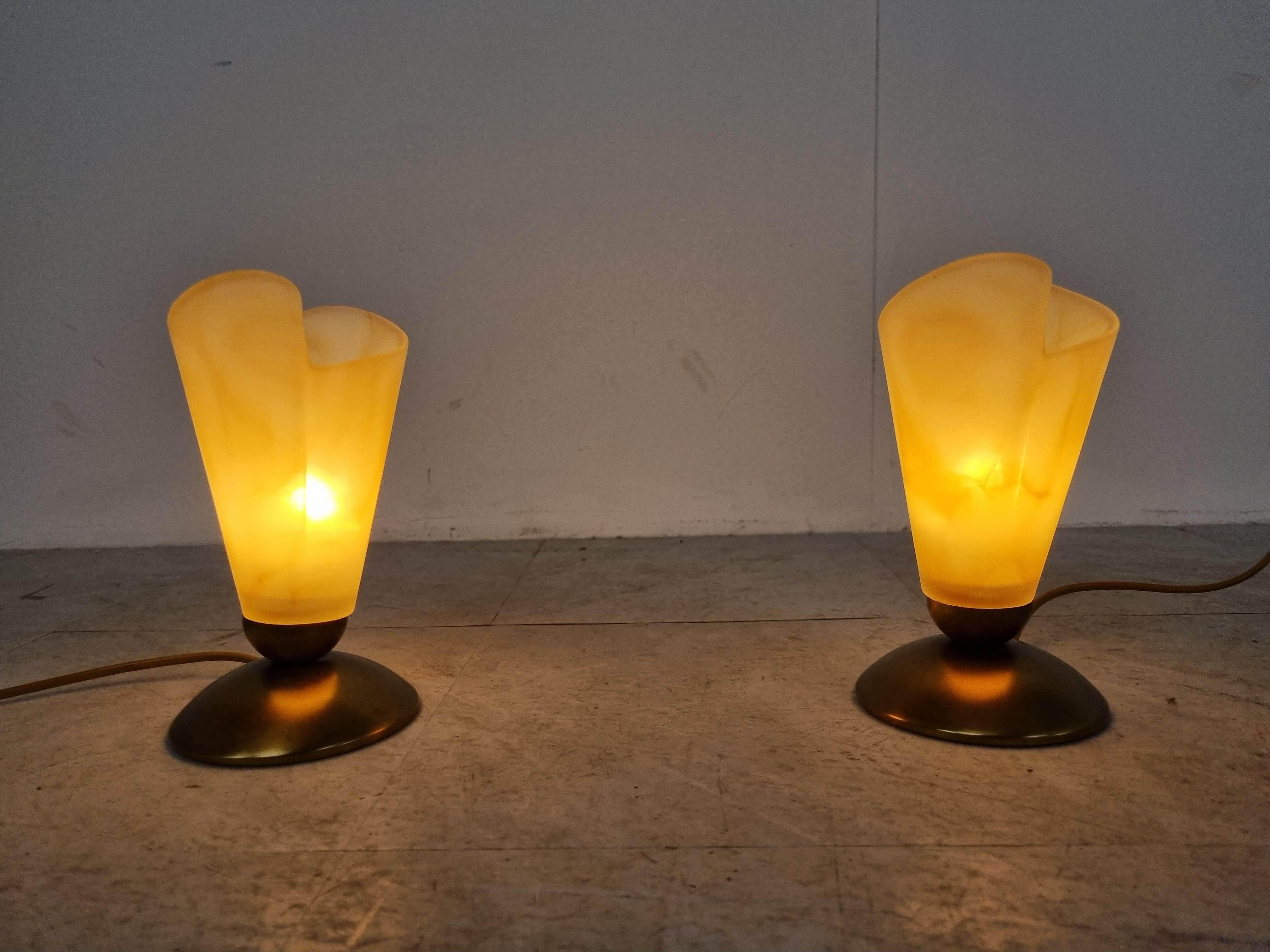 Belgian Pair of Brass and Alabaster Table Lamps, 1980s