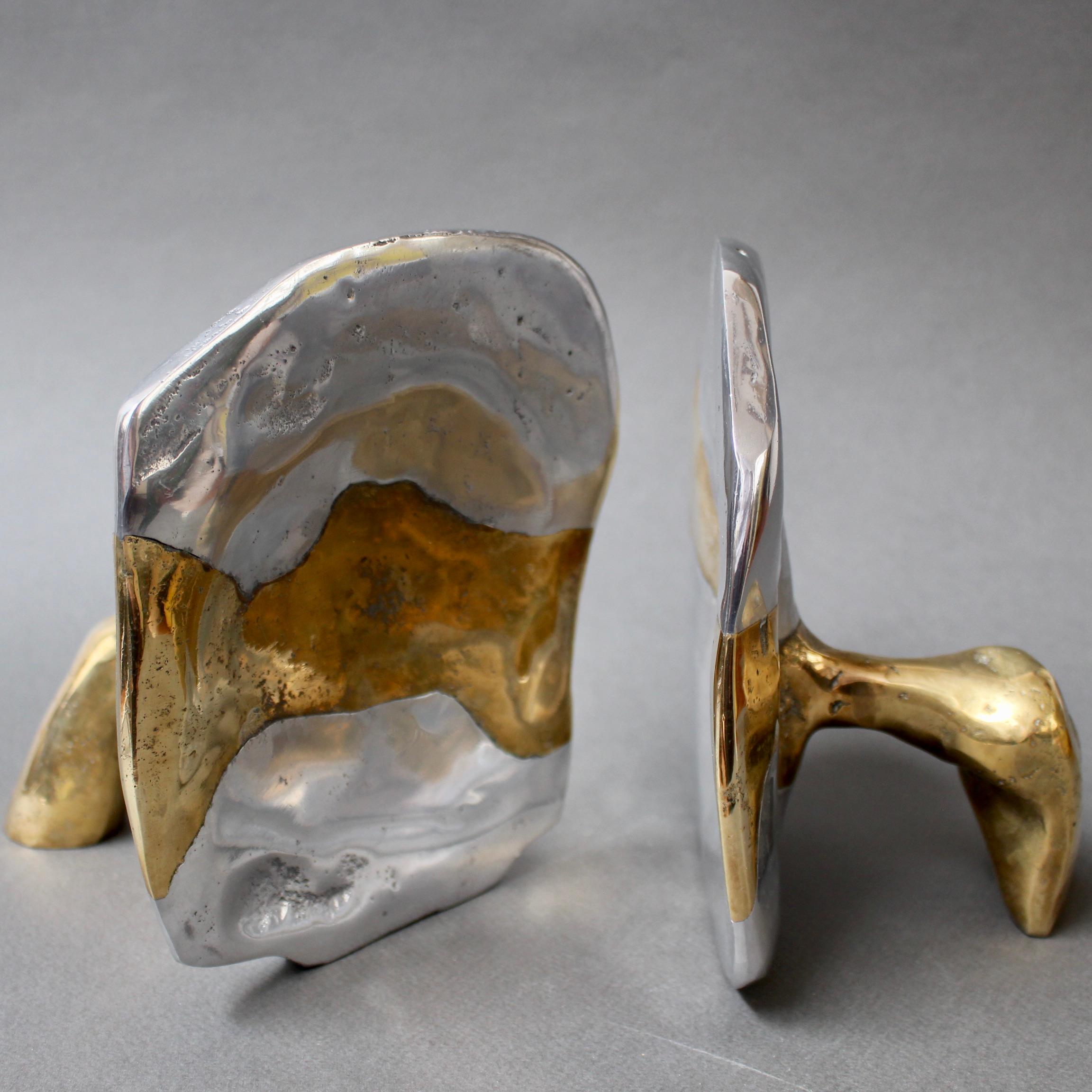 Late 20th Century Pair of Brass and Aluminium Brutalist Style Bookends by David Marshall, c. 1980s