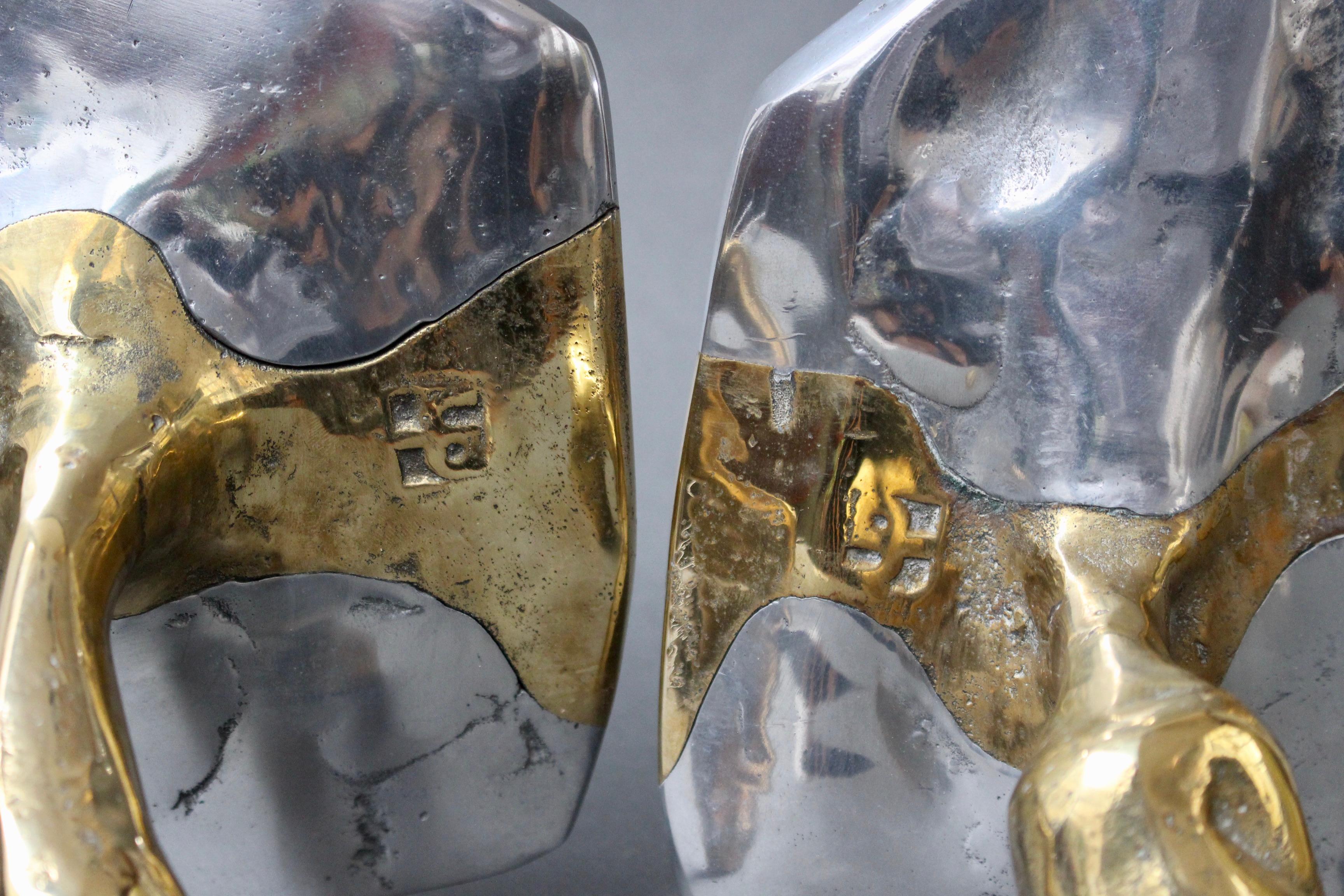 Pair of Brass and Aluminium Brutalist Style Bookends by David Marshall, c. 1980s 2