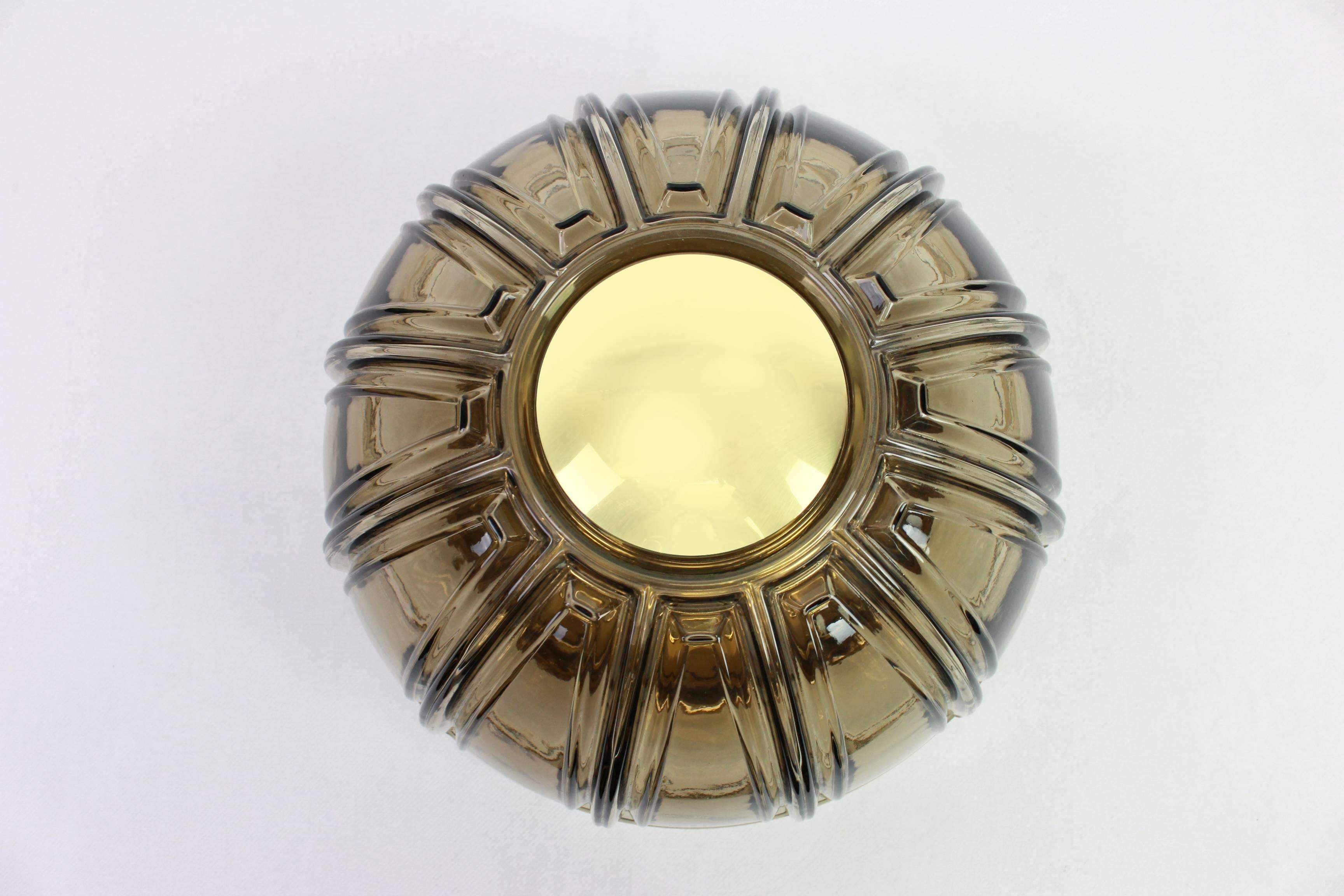 Pair of Brass and Amber Glass Sconces or Flush Mount by Limburg, Germany, 1960s In Good Condition For Sale In Aachen, NRW