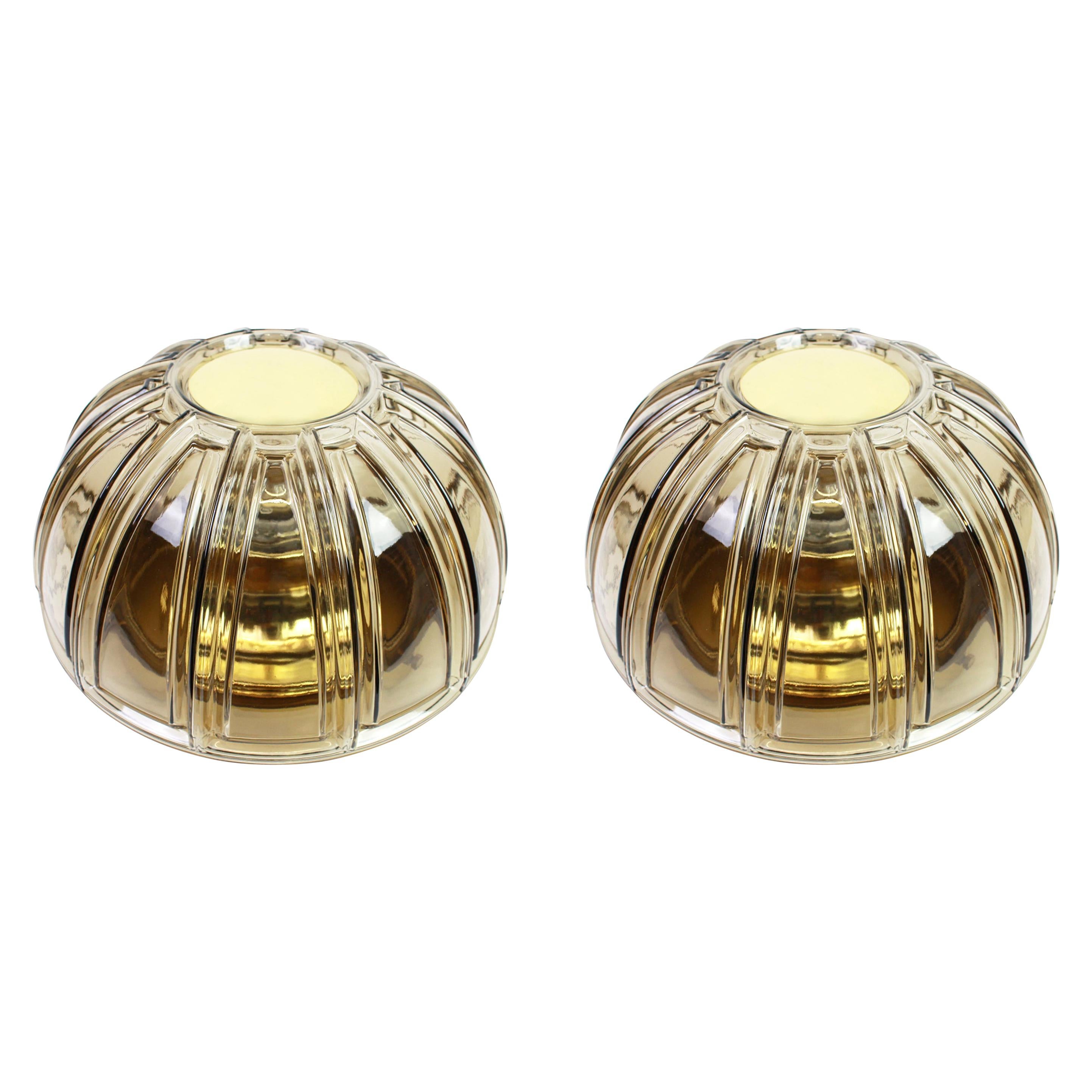 Pair of Brass and Amber Glass Sconces or Flush Mount by Limburg, Germany, 1960s For Sale