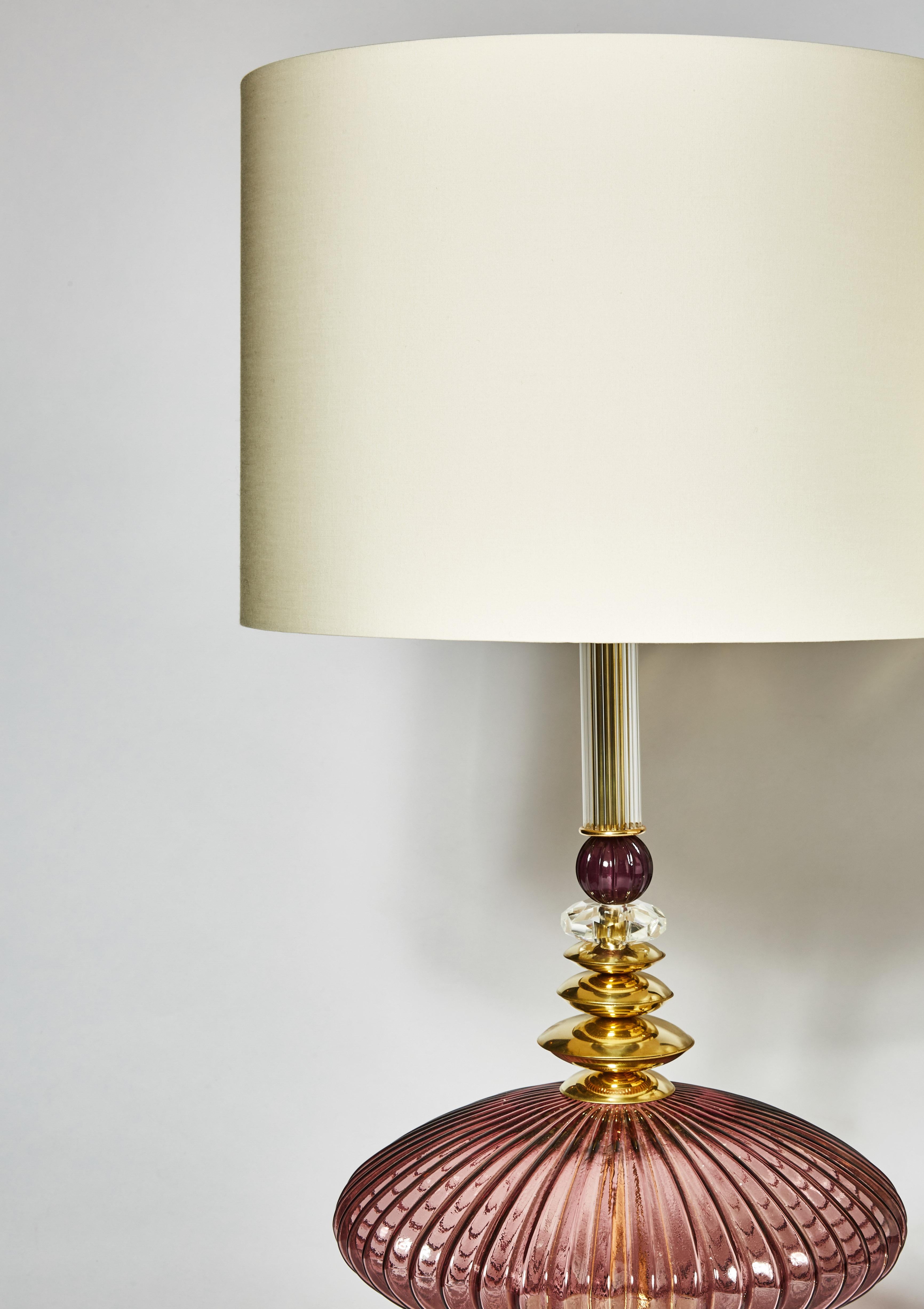 Mid-Century Modern Pair of Brass and Amethyst Murano Glass Table Lamps