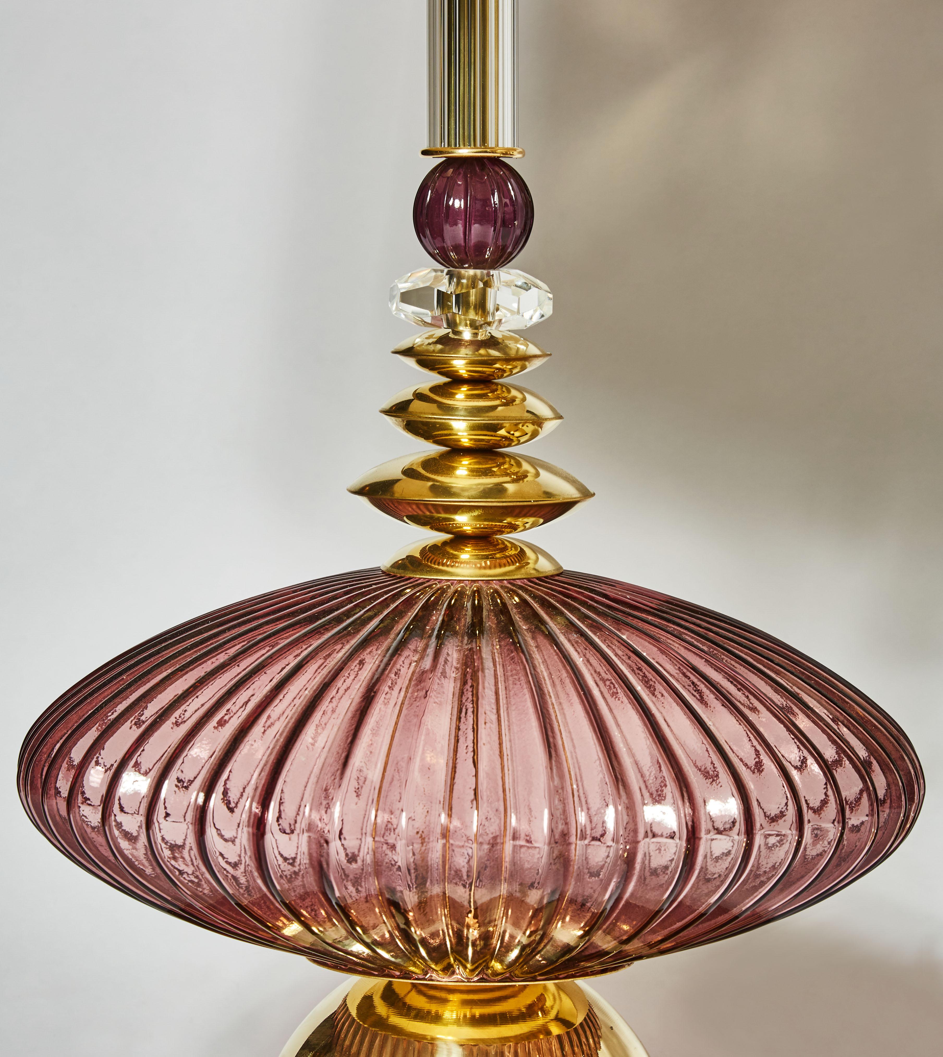 Italian Pair of Brass and Amethyst Murano Glass Table Lamps