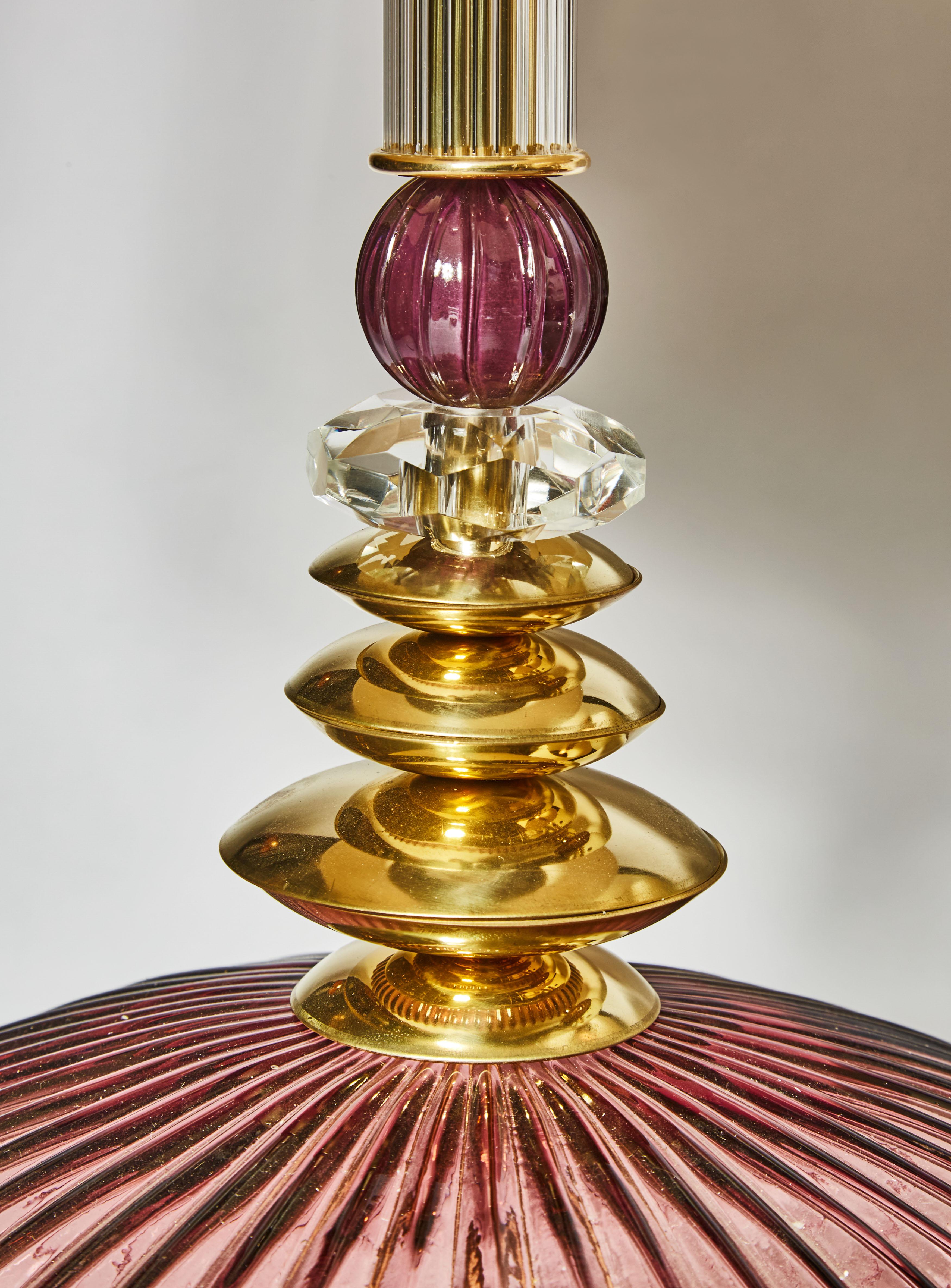 Late 20th Century Pair of Brass and Amethyst Murano Glass Table Lamps