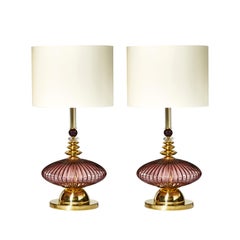 Pair of Brass and Amethyst Murano Glass Table Lamps