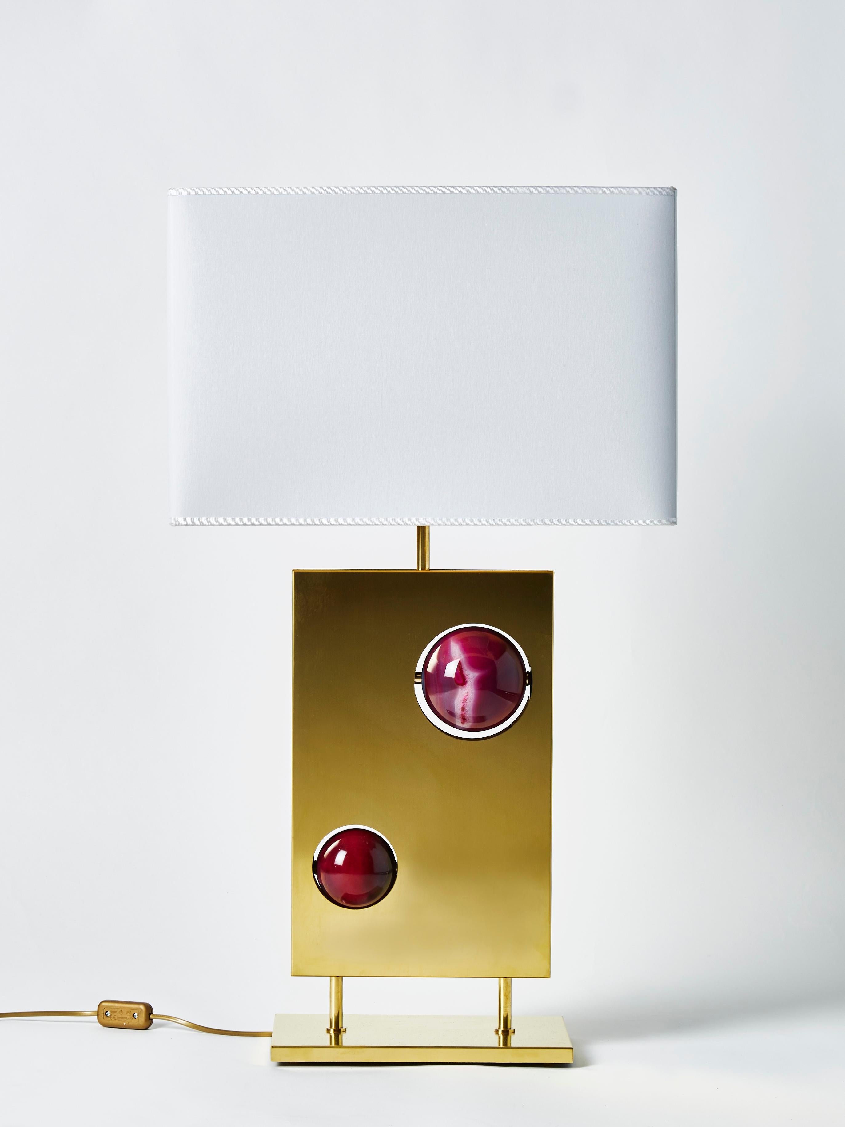 Contemporary Pair of Brass and and Pink Agates Rectangular Lamps