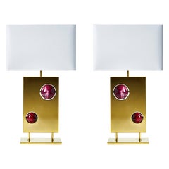 Pair of Brass and and Pink Agates Rectangular Lamps
