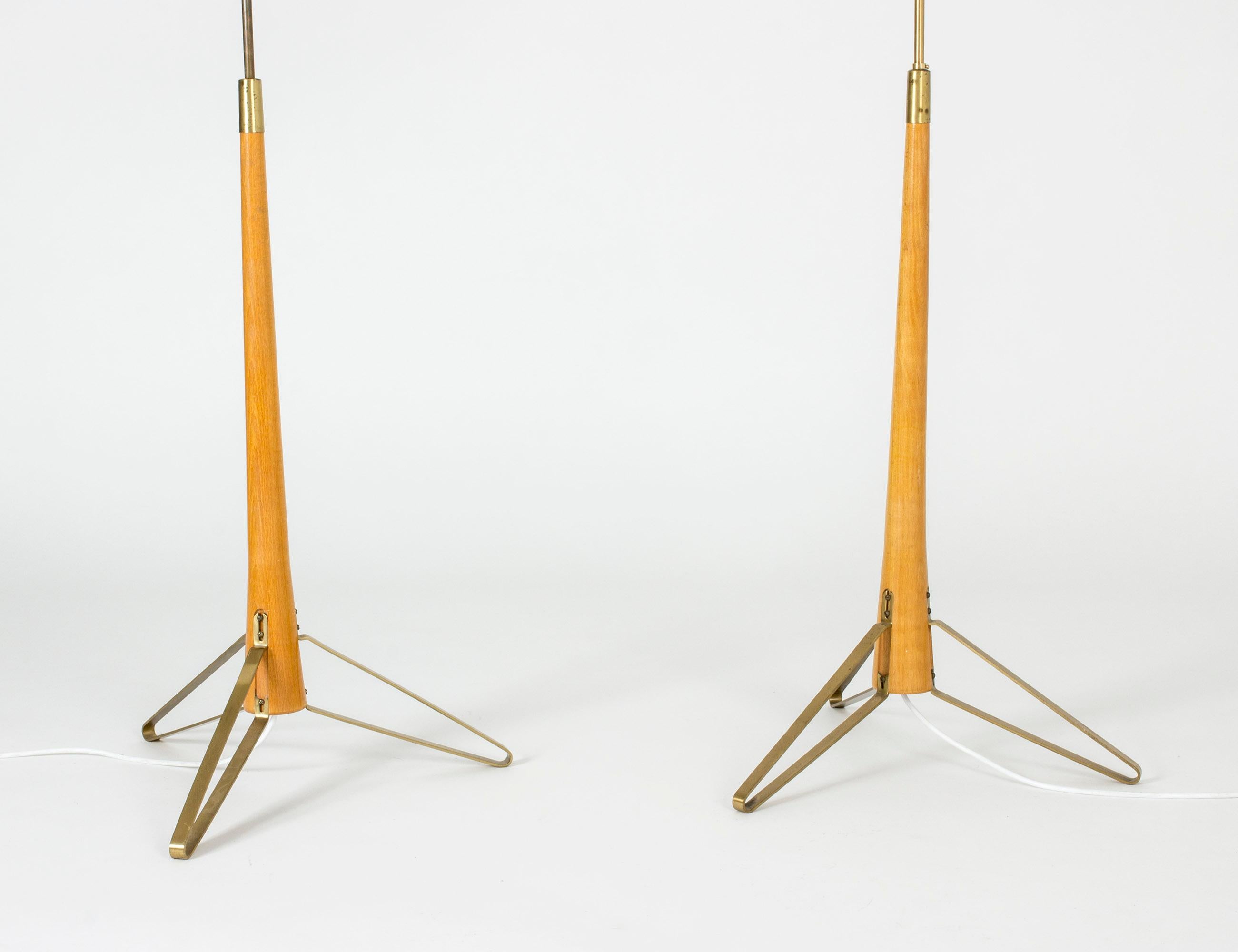 Swedish Pair of Brass and Beech Floor Lamps by Hans Bergström