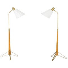 Pair of Brass and Beech Floor Lamps by Hans Bergström