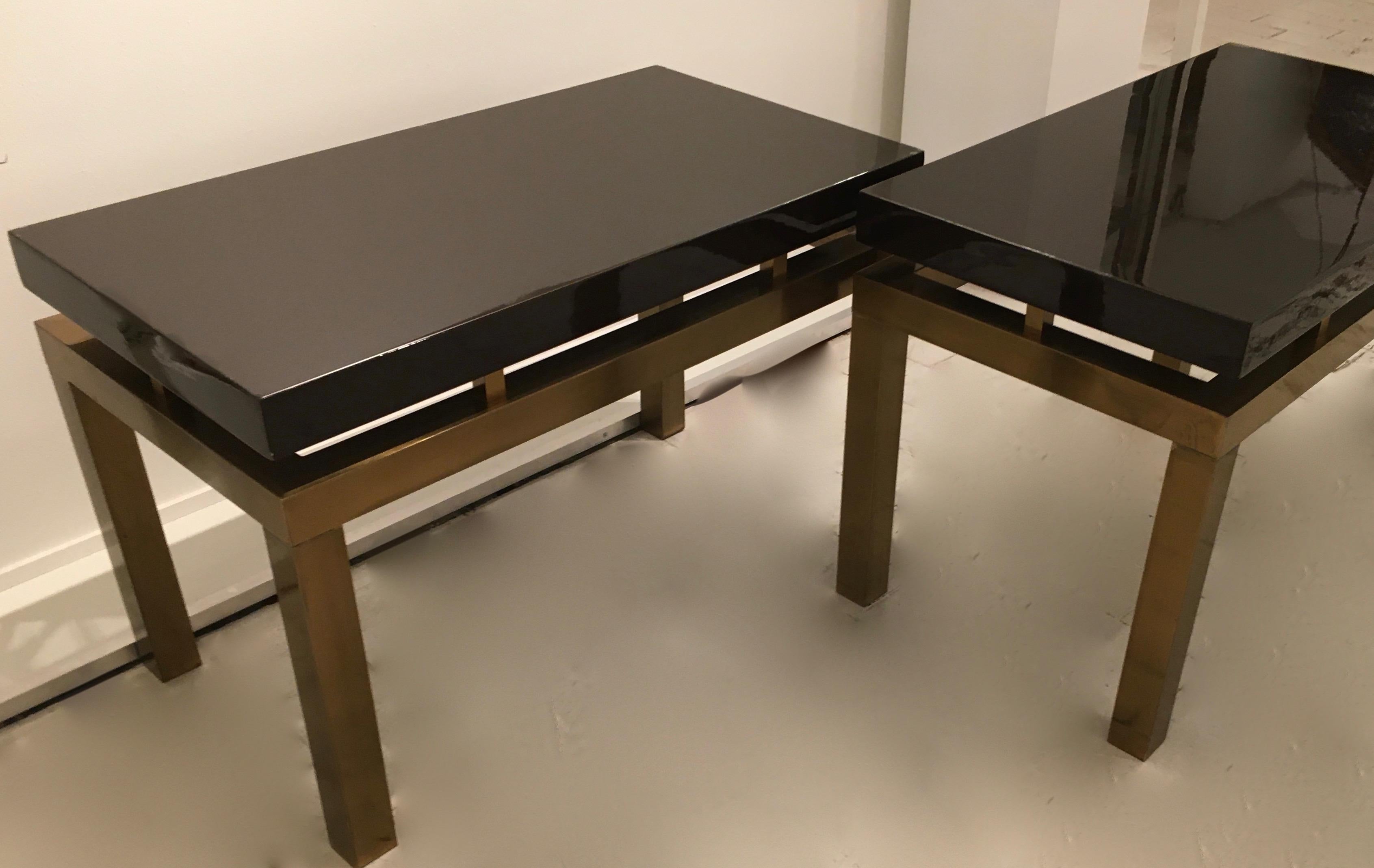 Mid-Century Modern Pair of Brass and Black Lacquer Side Tables by Guy Lefevre for Maison Jansen