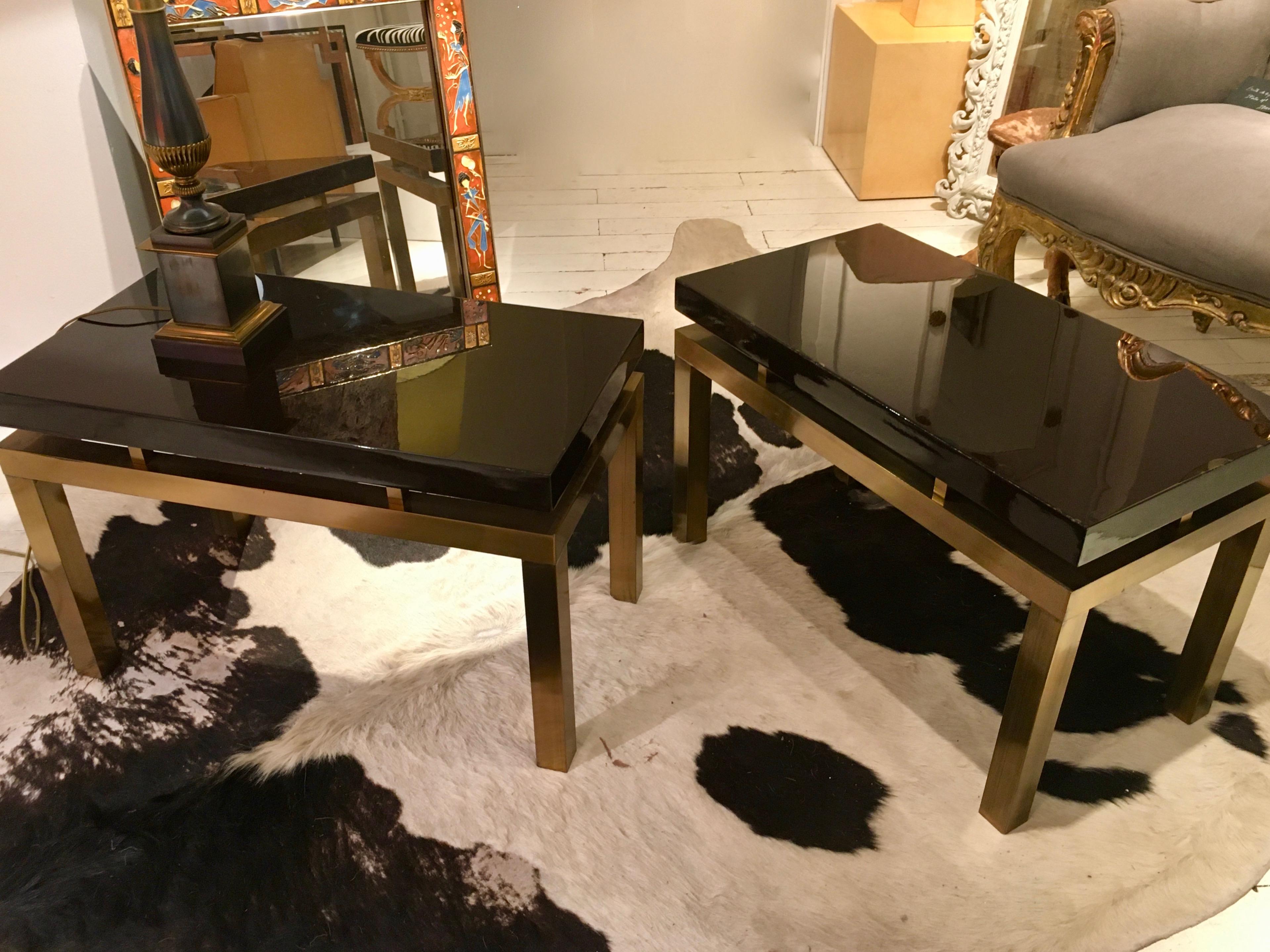 Lacquered Pair of Brass and Black Lacquer Side Tables by Guy Lefevre for Maison Jansen