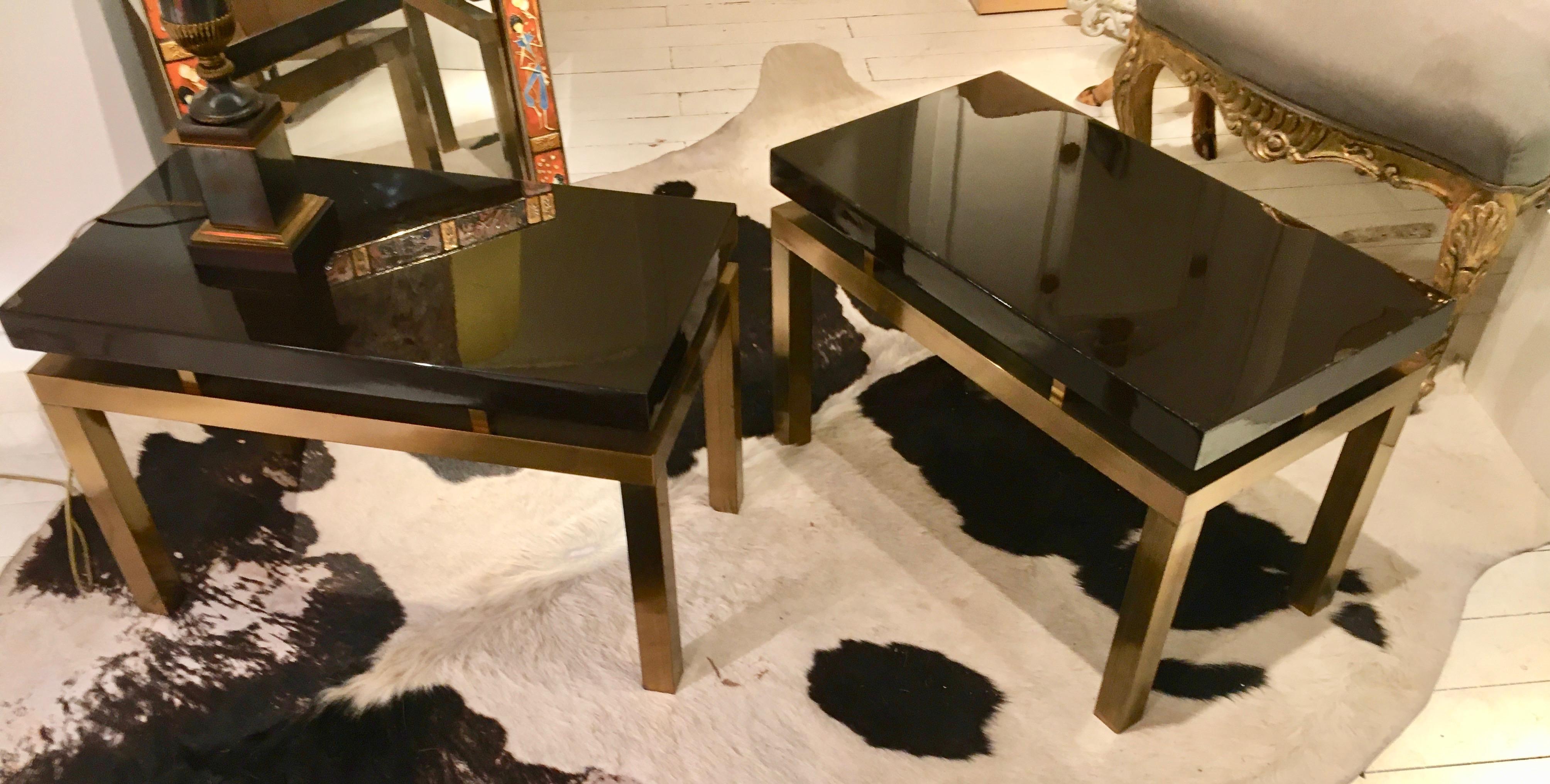 Wood Pair of Brass and Black Lacquer Side Tables by Guy Lefevre for Maison Jansen