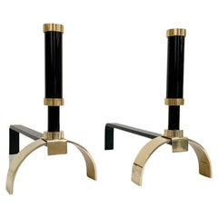Pair of Brass and Black Metal Andirons By Giovanni Banci, circa 1970, Italy.