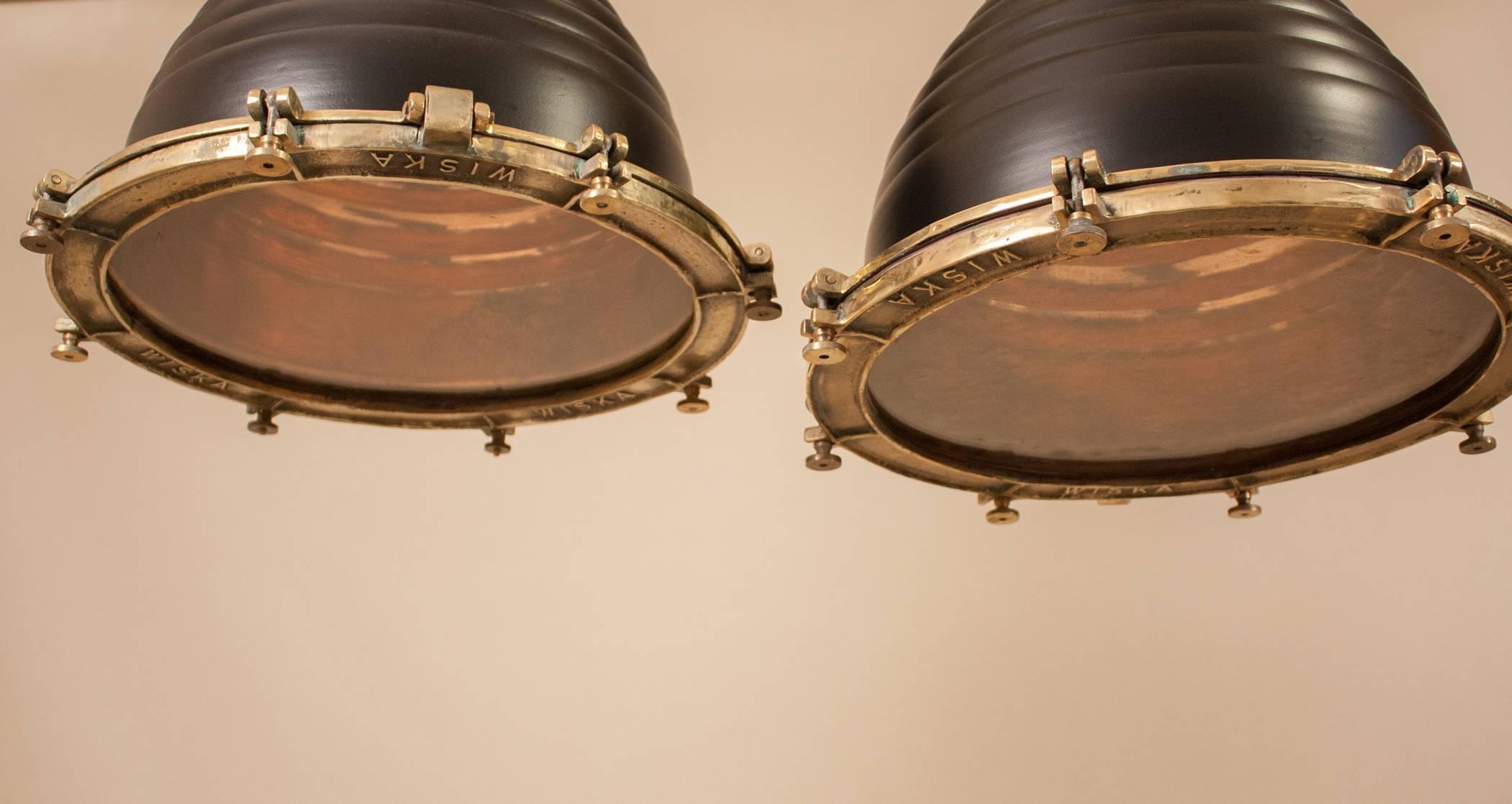 Industrial Pair of Brass and Black Nautical Ship's Pendant Lights