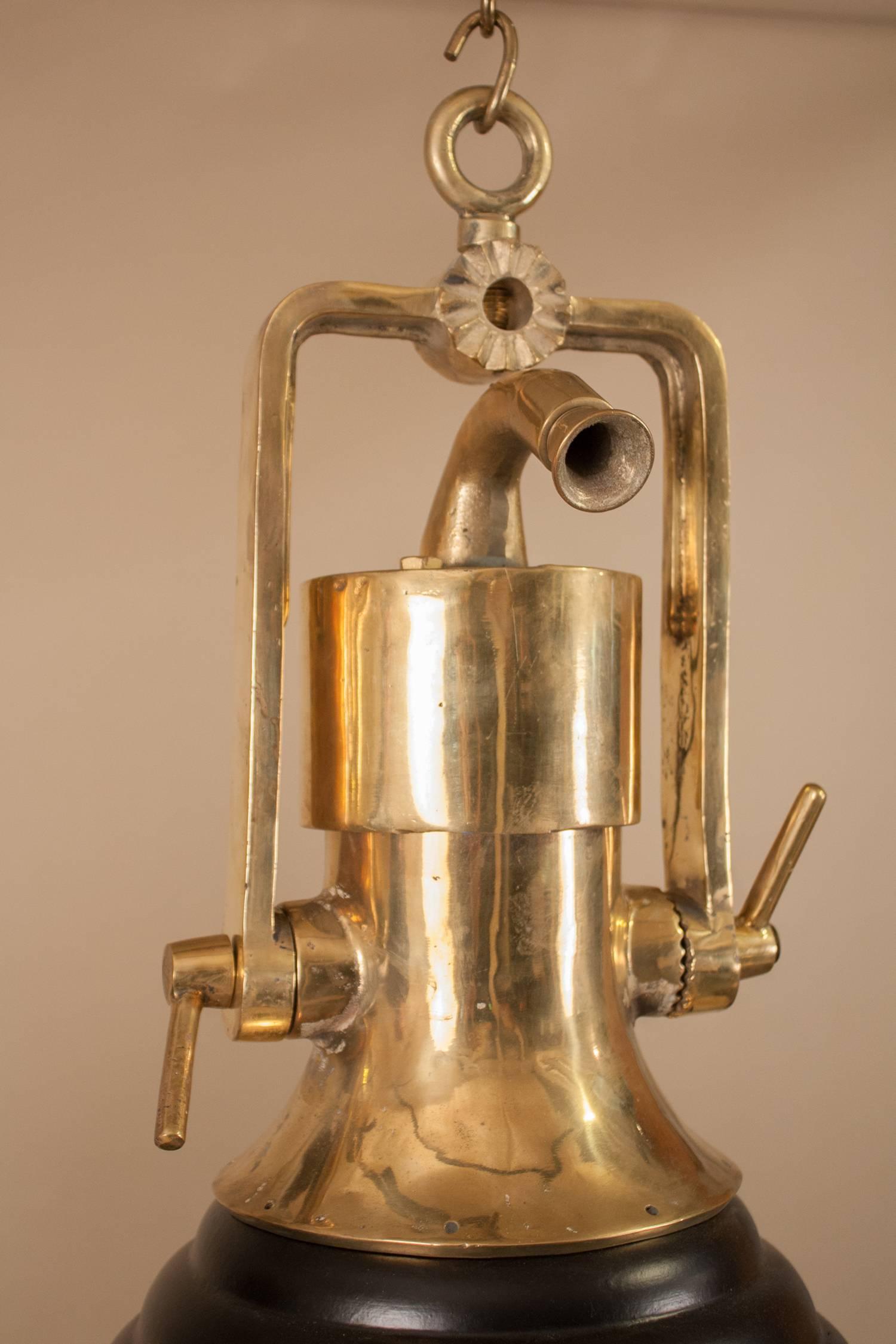 20th Century Pair of Brass and Black Nautical Ship's Pendant Lights