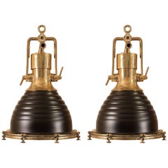 Vintage Pair of Brass and Black Nautical Ship's Pendant Lights