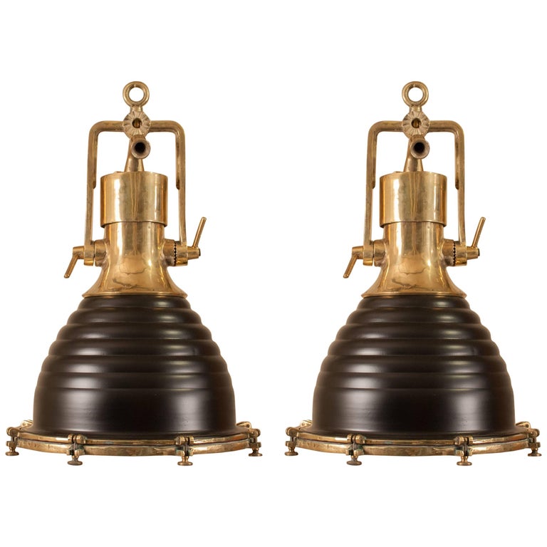 Pair of Brass and Black Nautical Ship's Pendant Lights at 1stDibs