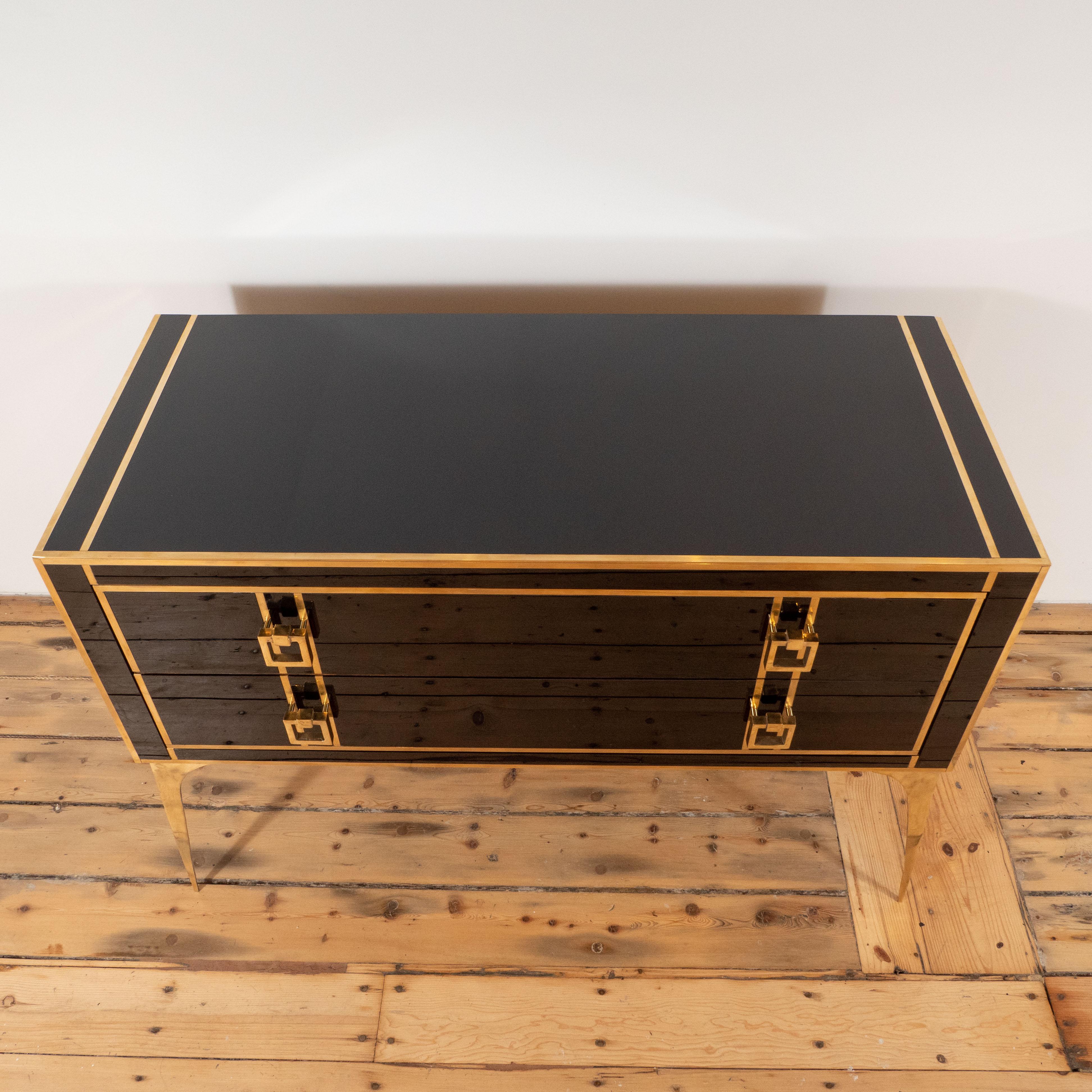 Pair of Brass and Black Tinted Glass Commodes or Chest of Drawers, Italy, 2019 6