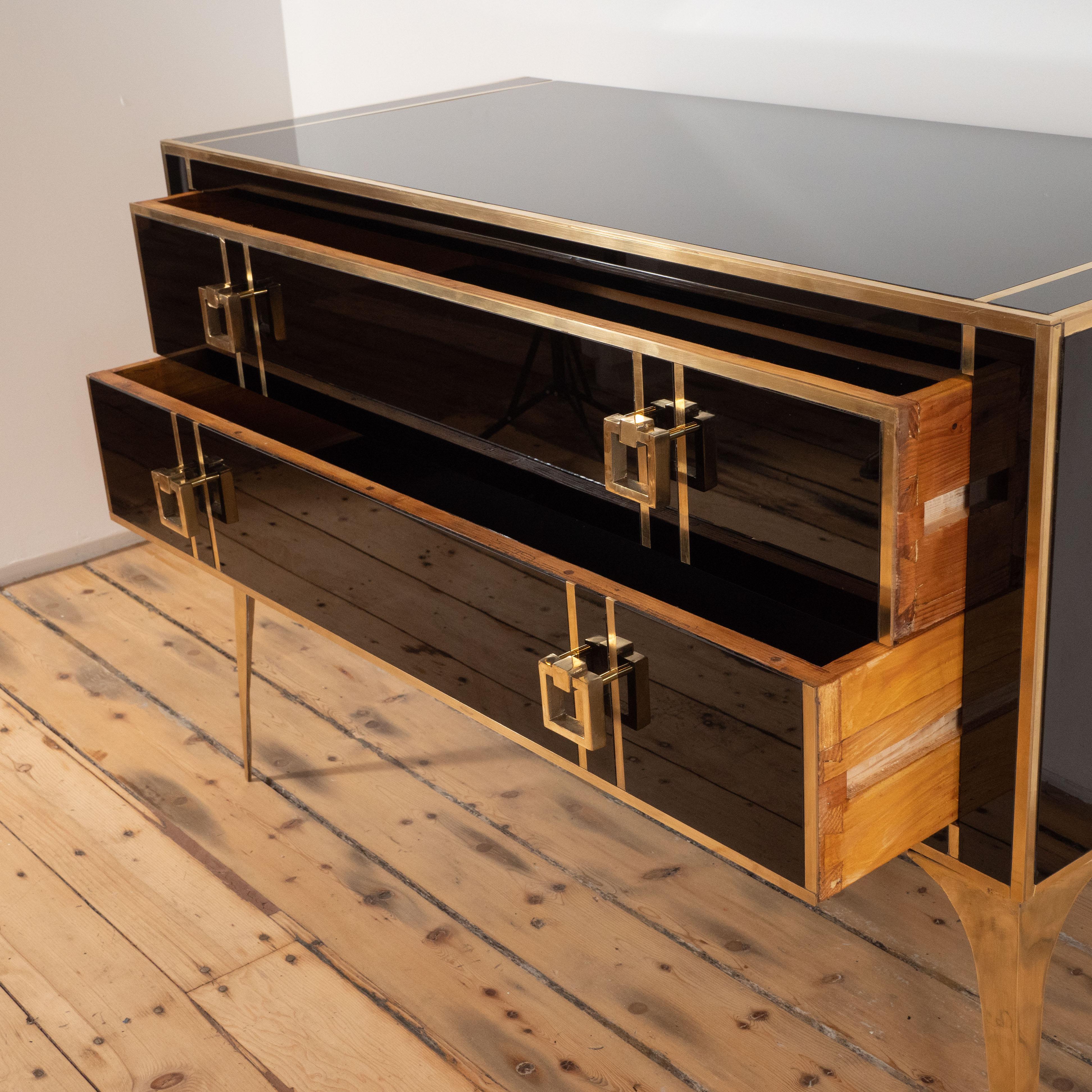 Pair of Brass and Black Tinted Glass Commodes or Chest of Drawers, Italy, 2019 7