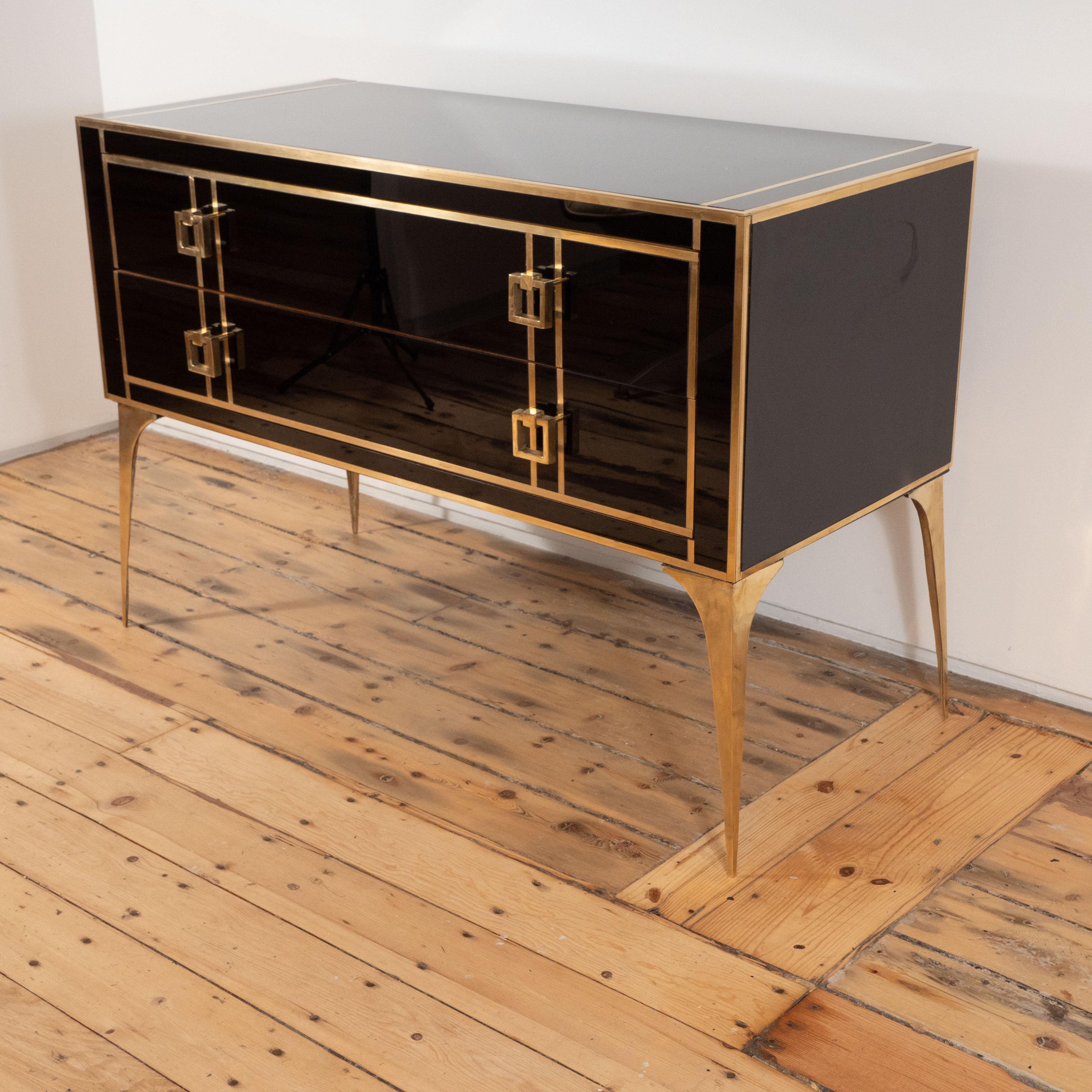 Pair of Brass and Black Tinted Glass Commodes or Chest of Drawers, Italy, 2019 In New Condition In New York, NY