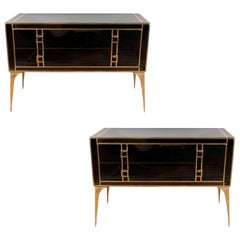 Pair of Brass and Black Tinted Glass Commodes or Chest of Drawers, Italy, 2019