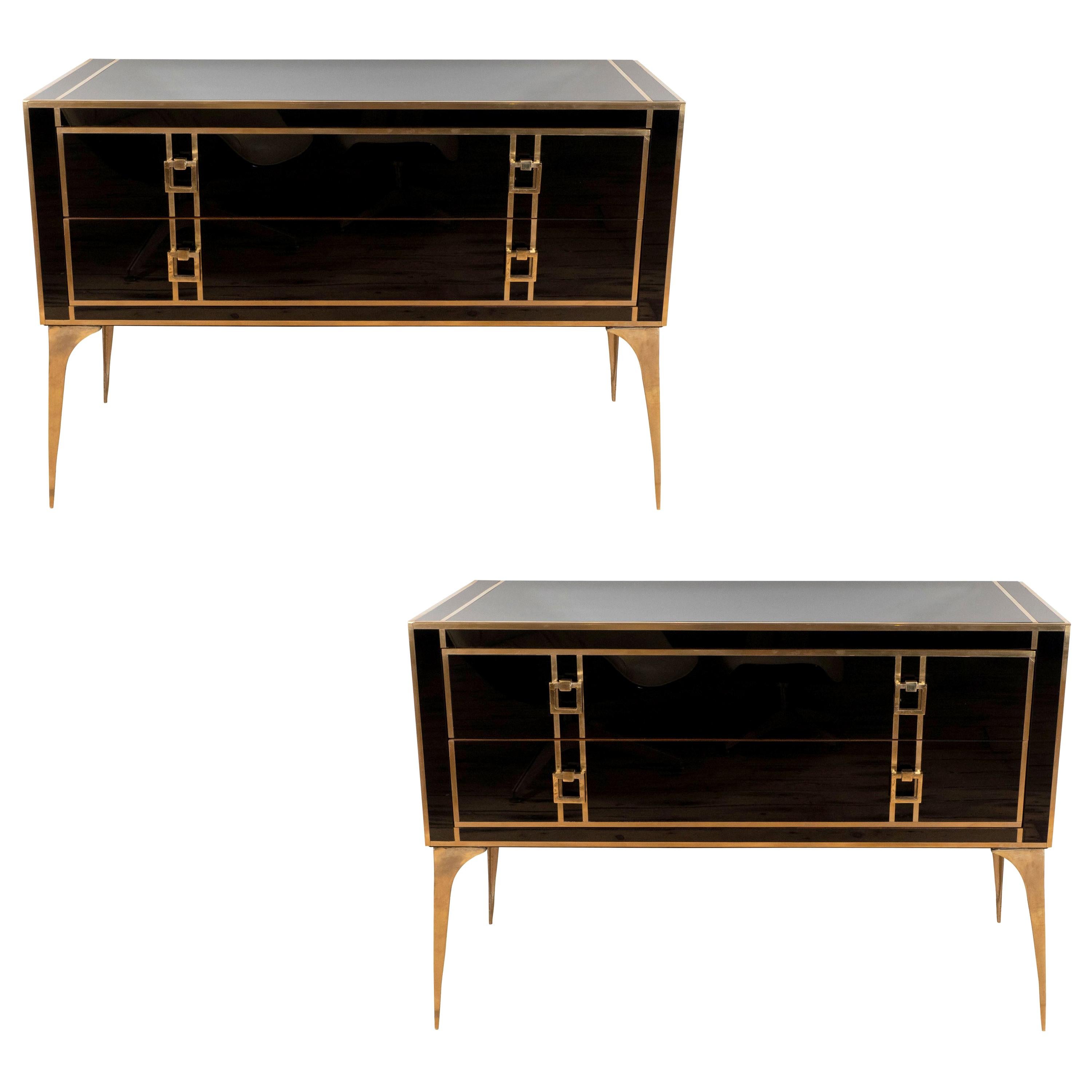 Custom Pair of Brass and Black Tinted Glass Commodes or Chest of Drawers, Italy