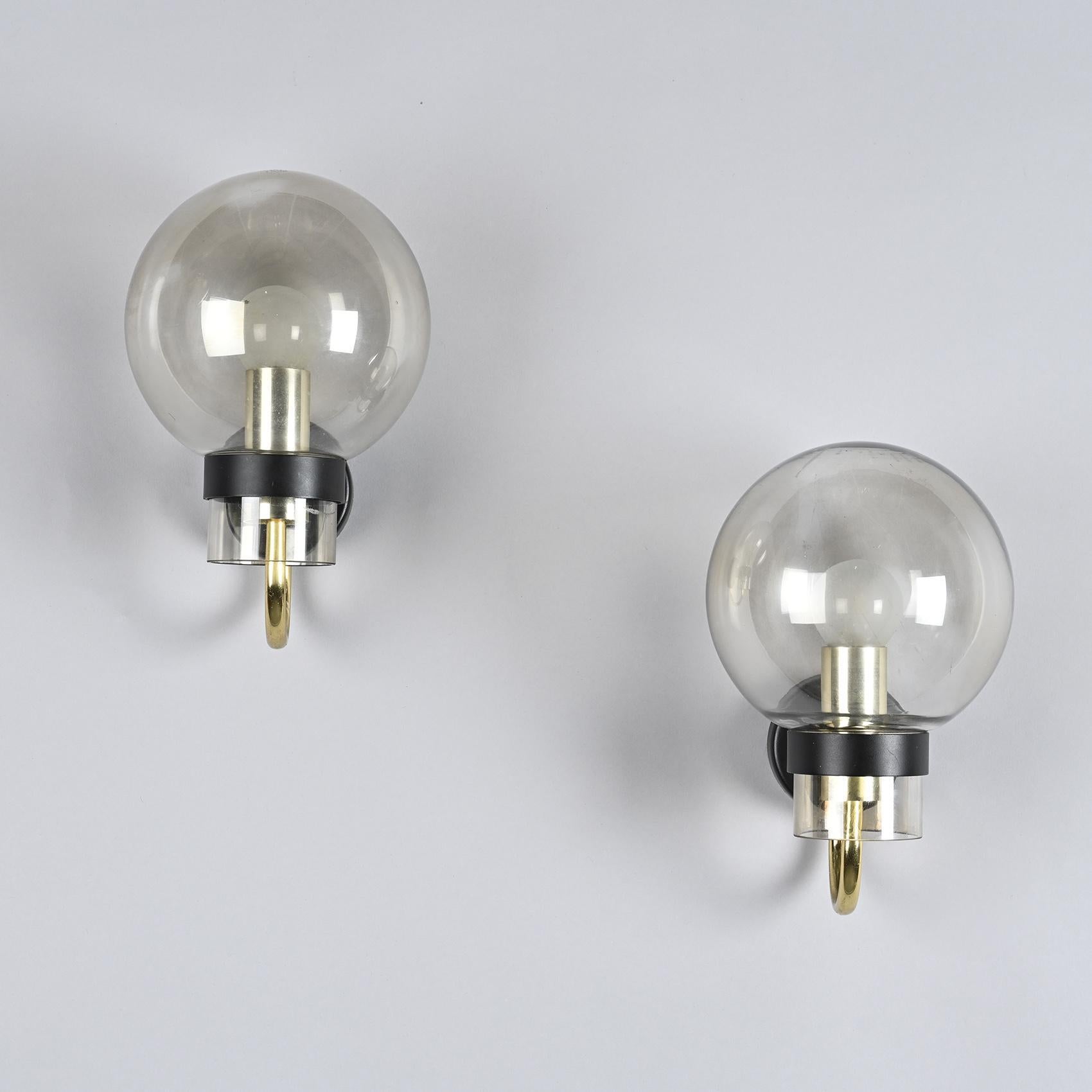 20th Century Pair of Brass and Blown Glass Wall Sconces by Glashütte Limburg For Sale