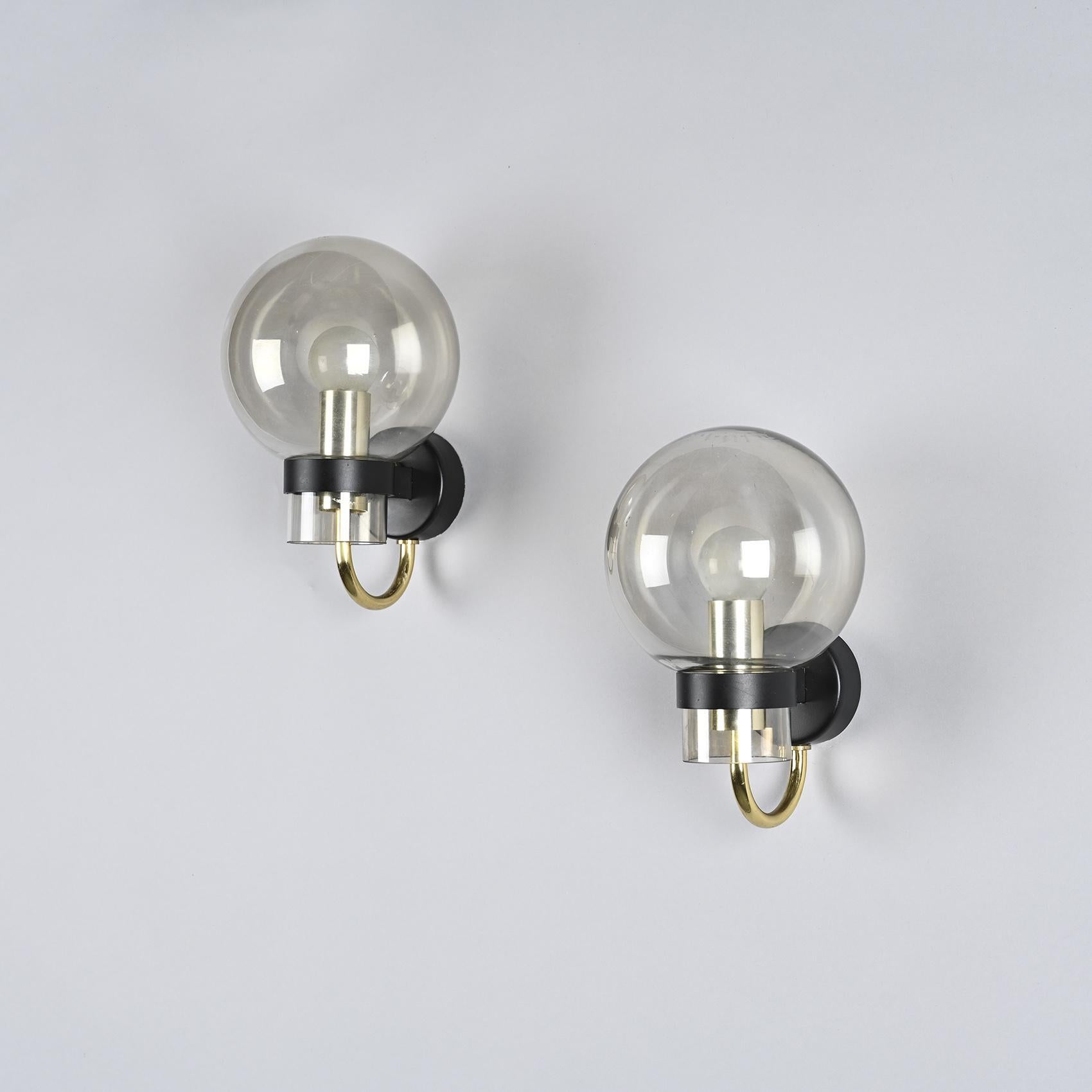 Metal Pair of Brass and Blown Glass Wall Sconces by Glashütte Limburg For Sale