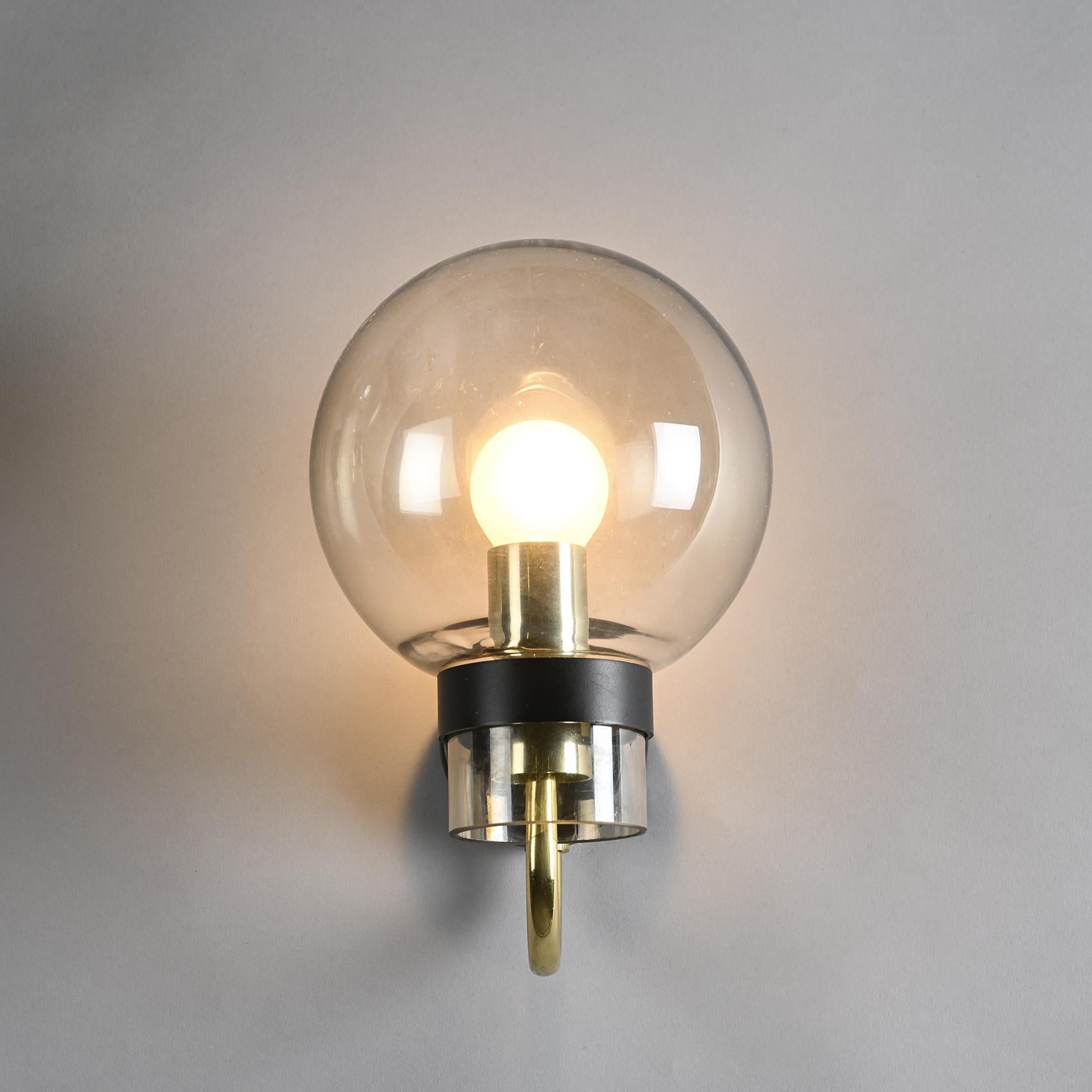 Pair of Brass and Blown Glass Wall Sconces by Glashütte Limburg For Sale 2