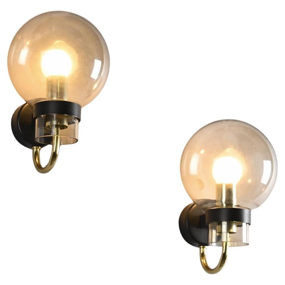 Pair of Brass and Blown Glass Wall Sconces by Glashütte Limburg For Sale