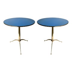 Pair of Brass and Blue Mirror Side Tables by Osvaldo Borsani. Italy, 1940s