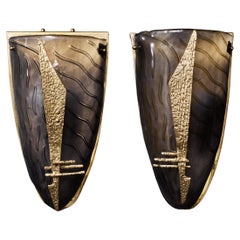 Pair of Brass and Blue Murano Glass Wall Sconces