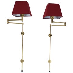 Pair of Brass and Bordeaux Lampshades Modular Wall Lights