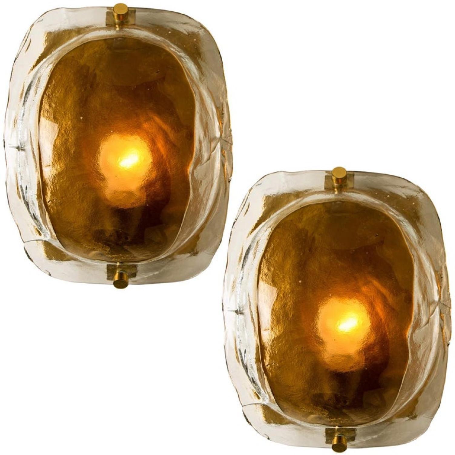 Italian Pair of Brass and Brown Glass Hand Blown Murano Glass Wall Lights, 1960 For Sale