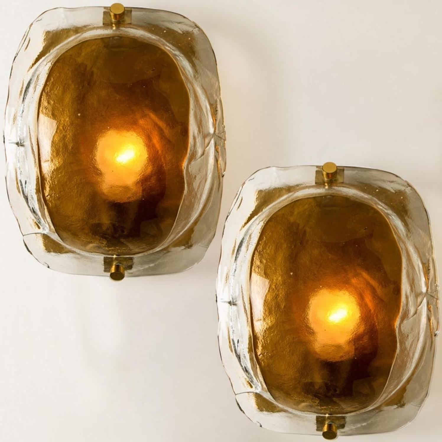 Pair of Brass and Brown Glass Hand Blown Murano Glass Wall Lights, 1960 For Sale 1