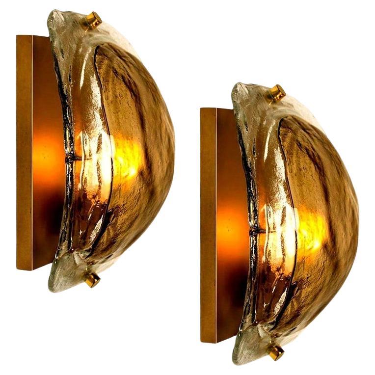 Pair of Brass and Brown Glass Hand Blown Murano Glass Wall Lights, 1960 For Sale