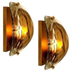 Pair of Brass and Brown Glass Hand Blown Murano Glass Wall Lights, 1960