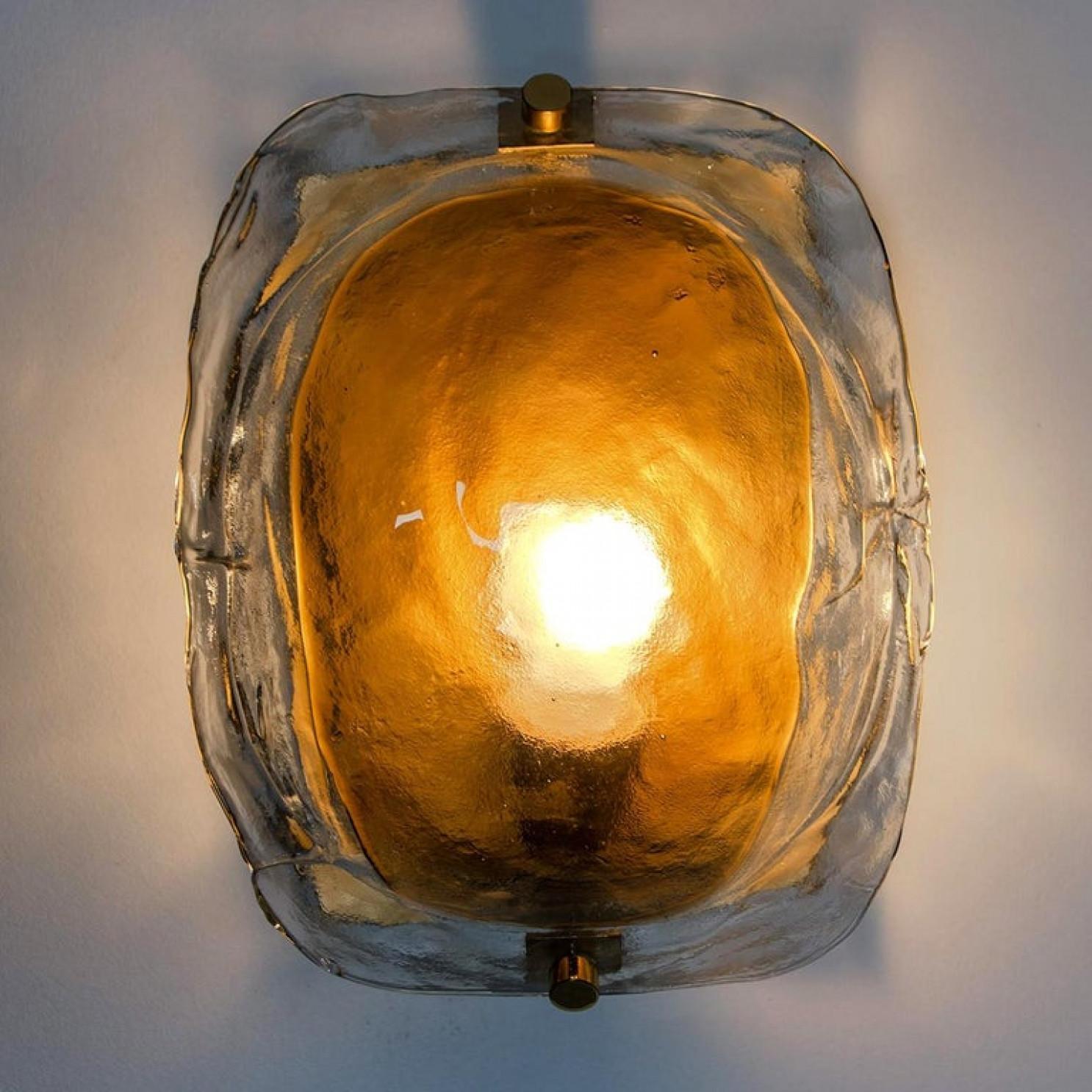 Austrian Pair of Brass and Brown Glass Hand Blown Murano Glass Wall Lights by J. Kalmar For Sale