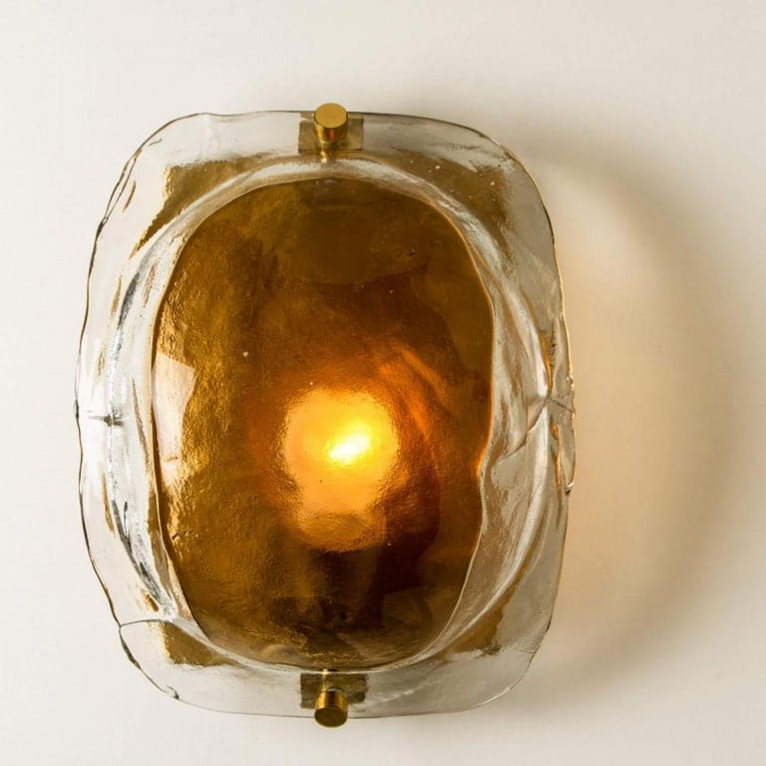 Pair of Brass and Brown Glass Hand Blown Murano Glass Wall Lights by J. Kalmar For Sale 1