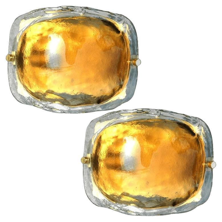 Pair of Brass and Brown Glass Hand Blown Murano Glass Wall Lights by J. Kalmar