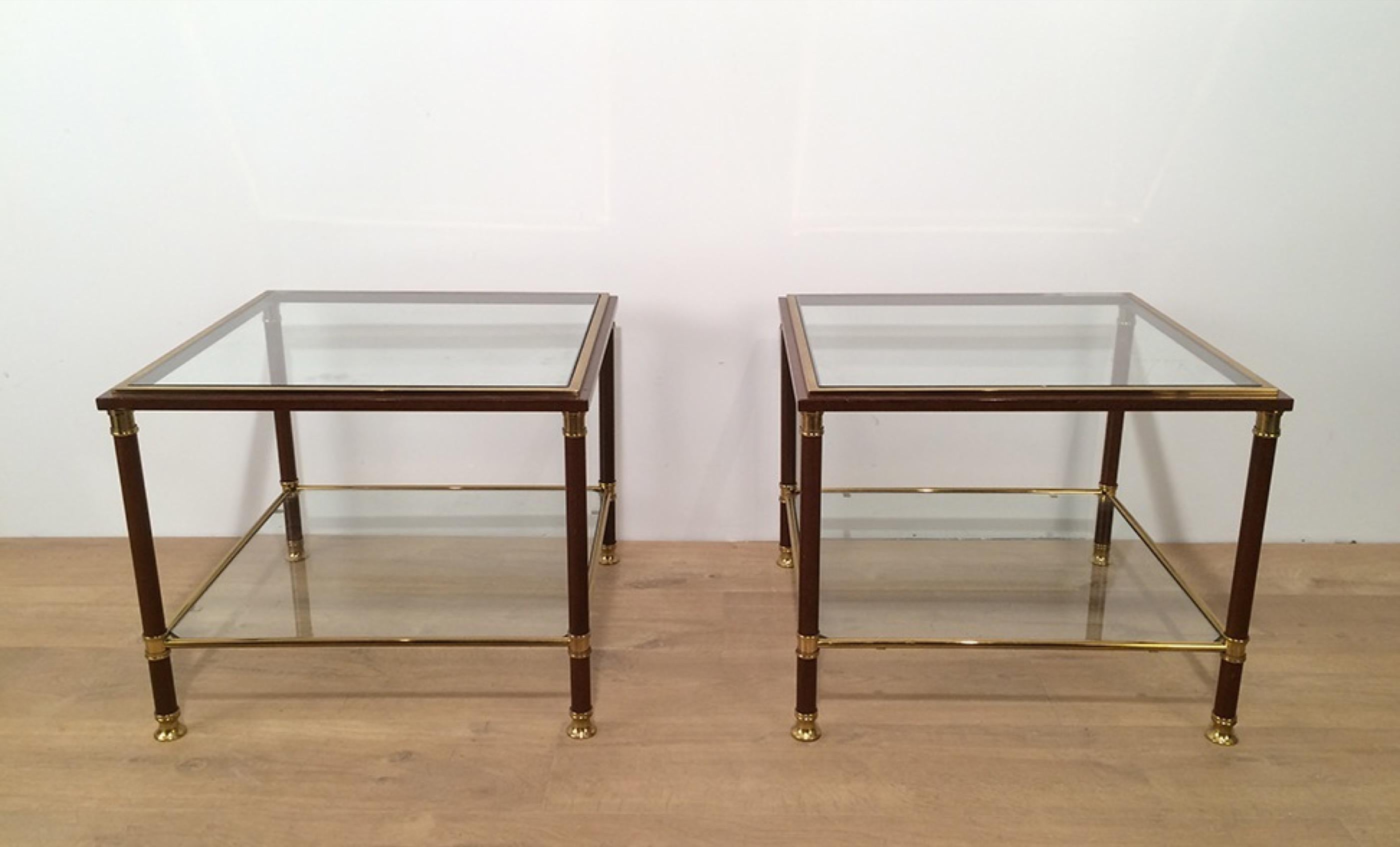 Pair of Brass and Burgundy Lacquered Side Tables, circa 1970 6
