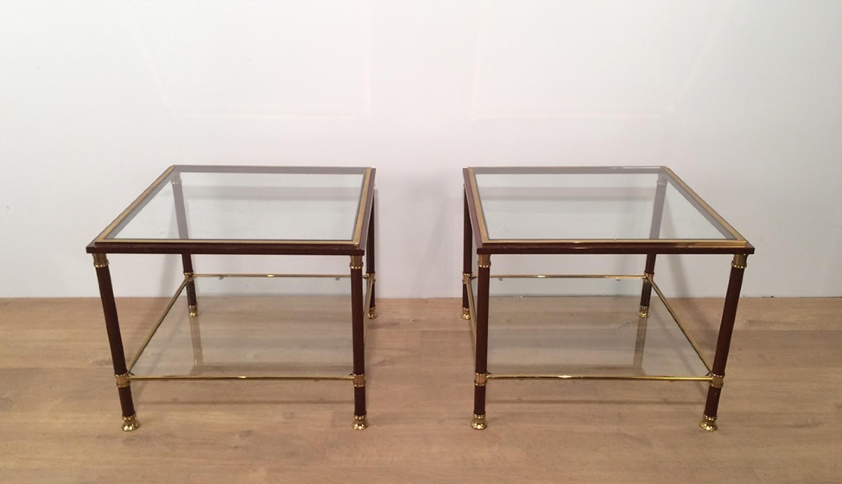 Neoclassical Pair of Brass and Burgundy Lacquered Side Tables, circa 1970