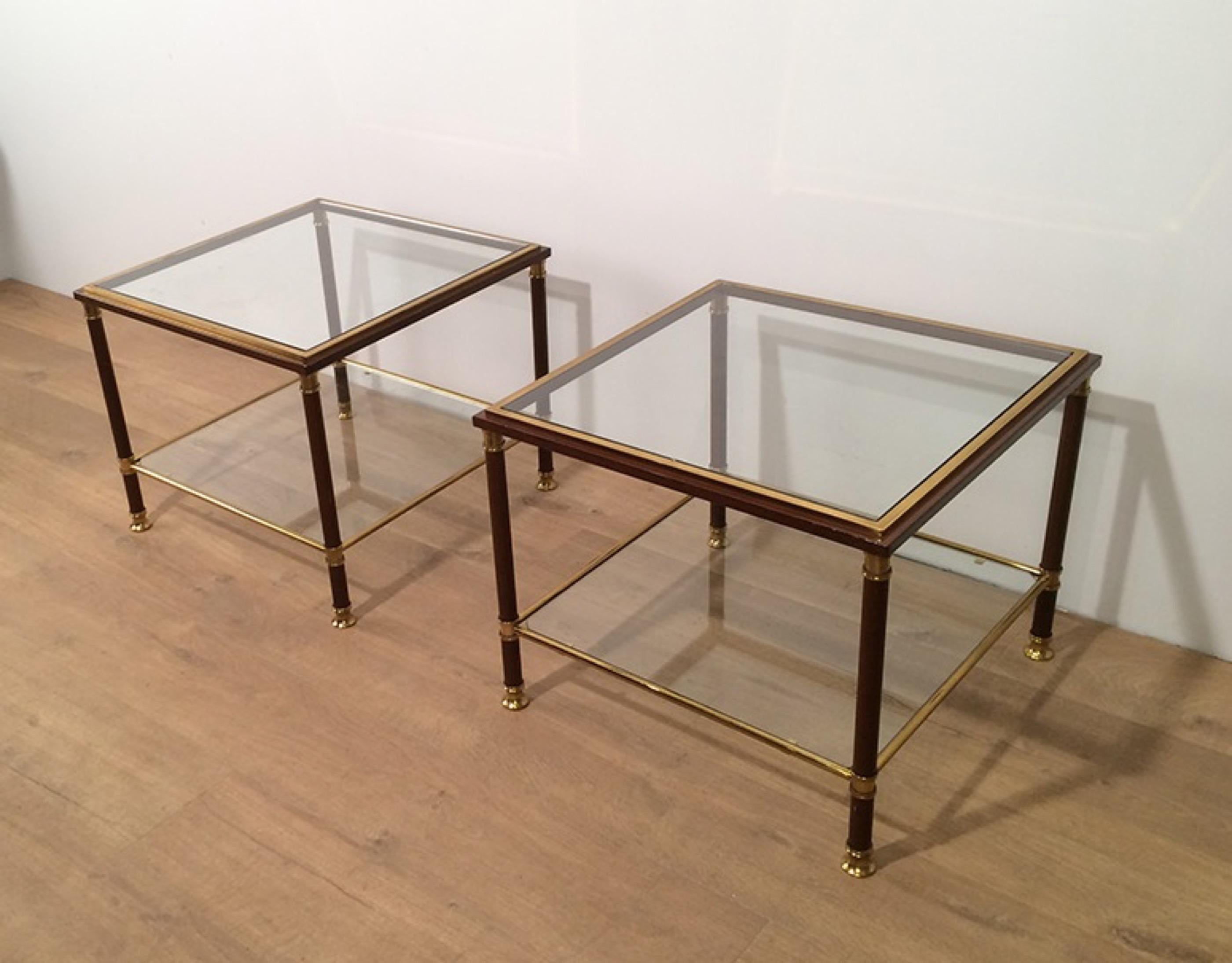 French Pair of Brass and Burgundy Lacquered Side Tables, circa 1970