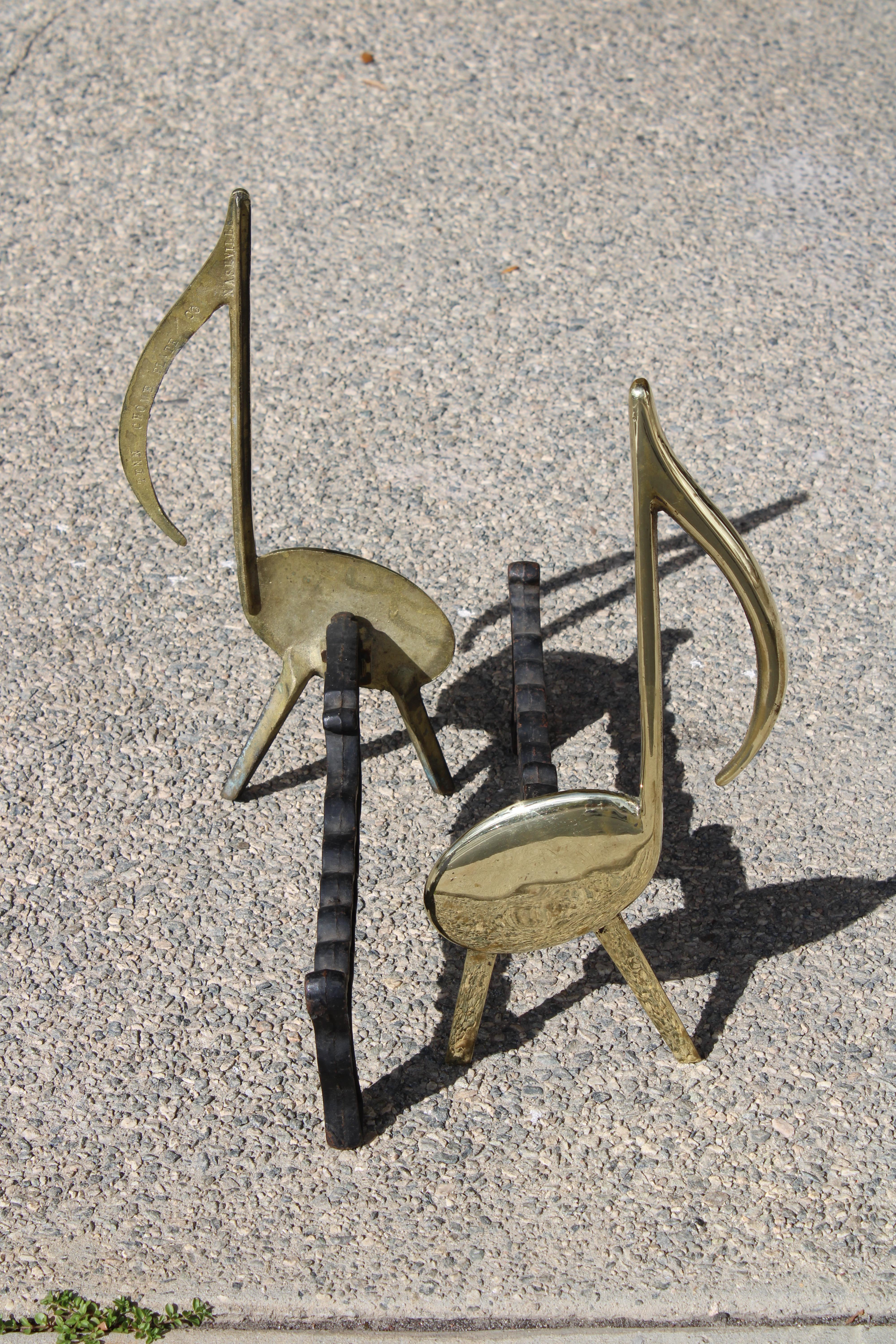 Pair of Brass and Cast Iron Musical Note Andirons In Good Condition For Sale In Palm Springs, CA