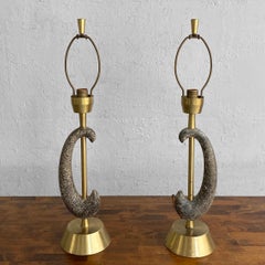 Pair of Brass and Ceramic Arc Table Lamps by Kelby