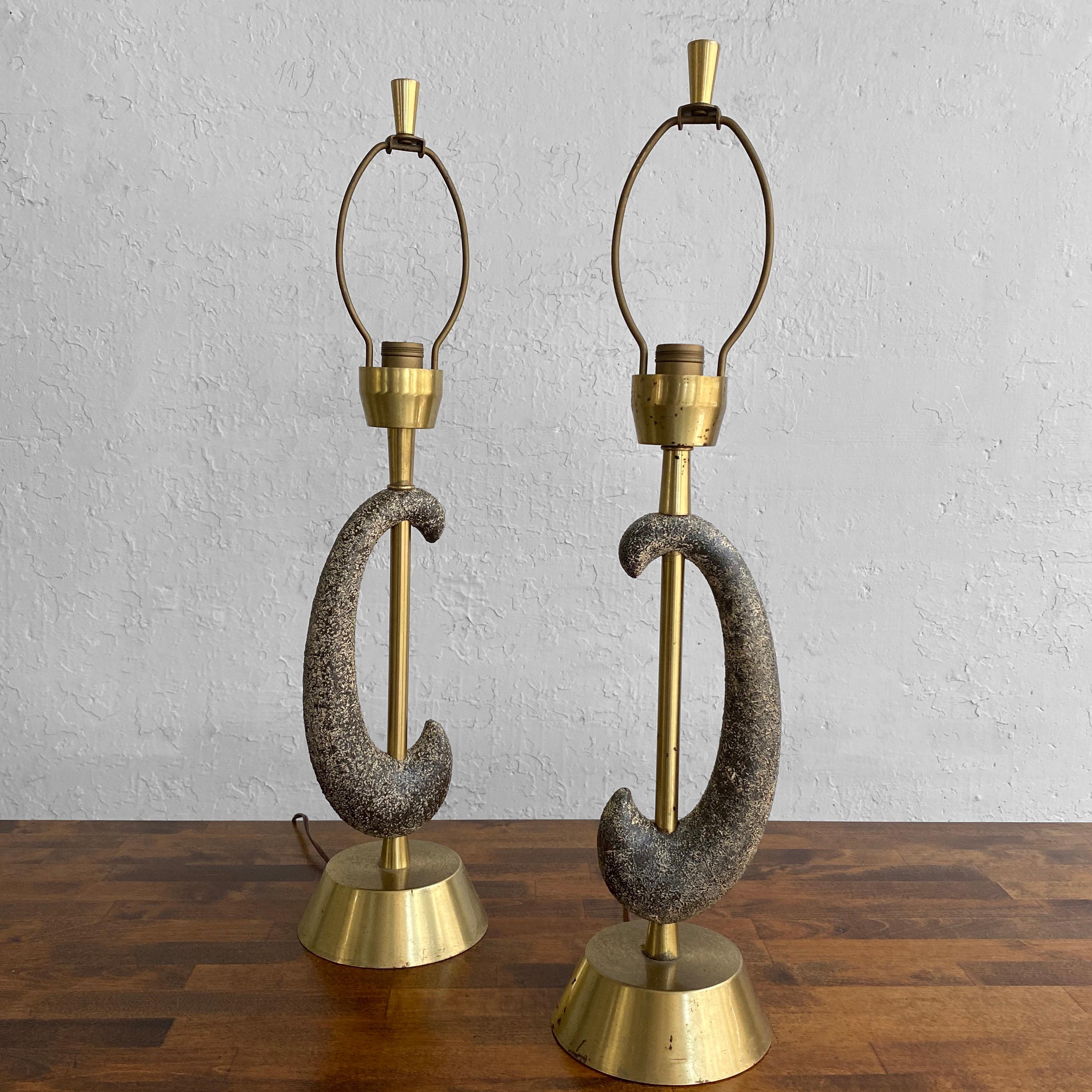 Mid-Century Modern Pair of Brass and Ceramic Arc Table Lamps by Kelby For Sale