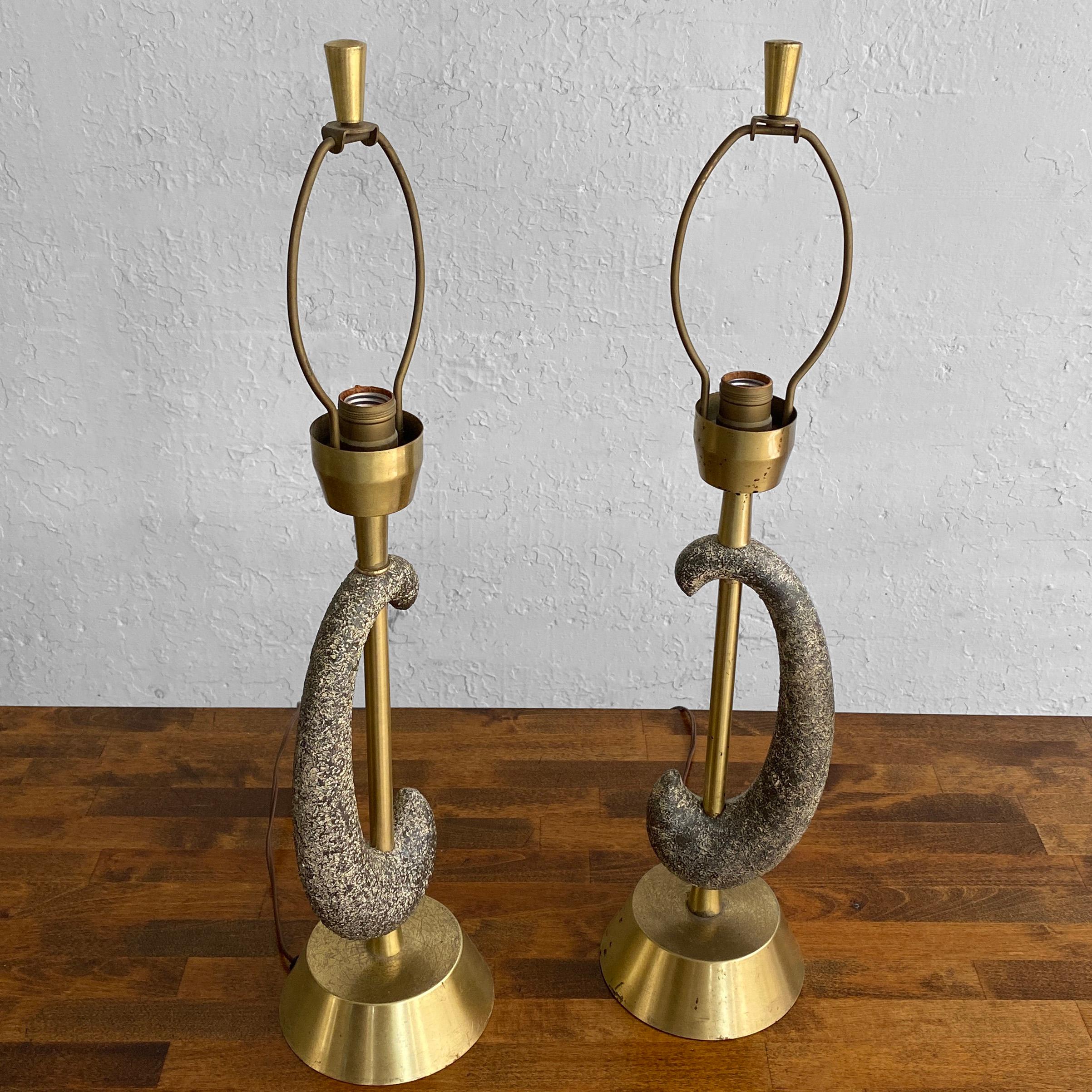 Pair of Brass and Ceramic Arc Table Lamps by Kelby In Good Condition For Sale In Brooklyn, NY